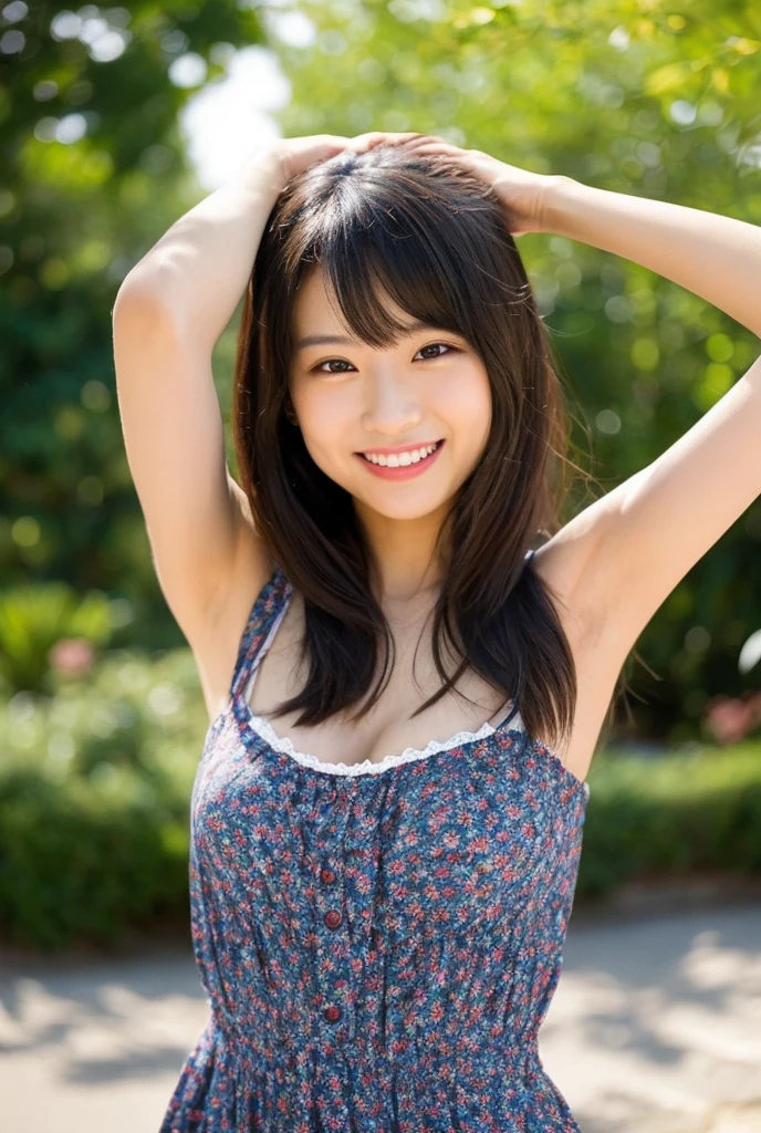 (Realistic:1.4, 8K), Highest quality, masterpiece, Ultra-high resolution, Perfect dynamic composition, (Cinematic lens effects), (Beautiful Face), (Brown Hair:1.3, bangs, Long Hair), Highly detailed skin and  textures:1.3, Sunburned skin:1.0, perfect small breasts, Shining Legs, Limb details, (Gal Makeup, eyeliner, Lip gloss, Beautiful  eyes:0.85), Sexy Face:0.8, (Beautiful Eyes, Thick lips, A taste of beautiful :0.85), (Too cute beauty:0.9), (Looking into the camera), high school girl、Sailor suit、 Are standing、((smile、、Very small breasts、View from the front、))、(Cleavage:1.5)、Lots of eyelashes、skeletally correct、1 girl、Slim figure