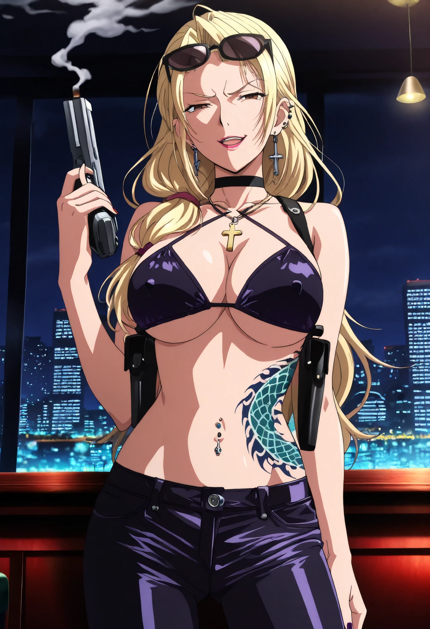 ((masterpiece)),(((best quality))),((ultra-detailed)),((illustration)),((disheveled hair)),,(1 girl),(solo), Lihtel \( Samayou Midara na Lunatics\),blonde hair,brown eyes,(anime coloring , anime screencap:1.2),(,mature,sexy, dominatrix,Smirk,1girl, dark_fantasy_illustration, black choker, cross necklace, gothic, Evil Smile, Malicious Smile, lipstick, nail polish, ear piercing, long hair, , lipstick, Hot girl, baddie, smoking, sensual, attractive ,choker, ,cross necklace,,sunglasses on head,,pull_down leggings,(show off panties,:1.2, no panties),seductive smile,, hooded jacket, hood down, 1girl, , (fit body:1.1),( BREAK, dragon print black leggings, covered ,, shoulder holster,,open mouth, top, underboob, dragon print jacket, criss-cross halter ,bar background, inside bar,indoors, cityscape, casino, nightclub, city lights,, () ,, navel piercing, holding pistol, open mouth, medium , dragon tattoo on waist, narrowed eyes, tattoo on waist, anipai_style , anime screencap , anime coloring, v-shape eyebrows,,