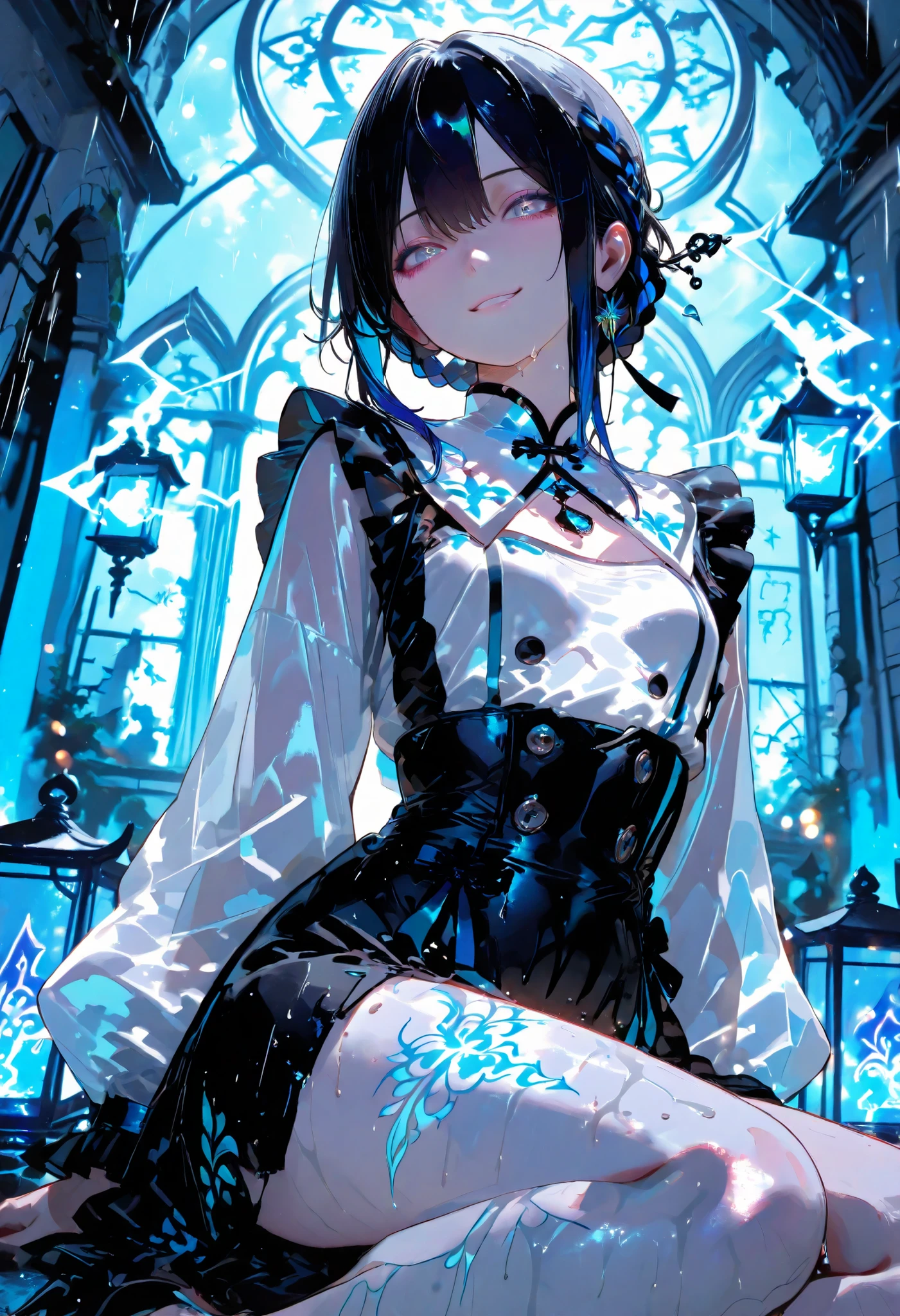 Haunted Castle、1 Midnight、The girl who lost her way、long black hair,Fireball in hand、Lantern Lights、I'm not scared at all!、Lightning echoes、girl wet in the rain、big mansion like a castle、 Ghosts、dimly lit room、State of Ruins、Only ghost eyes light up,shortcuts,unkempt hair,Short braided hair,Neat,slender beauty,correct posture,small breasted,Beautiful legs,Enchanting Gray-Blue Eyes Shine Like Stars,Saggy Eyes,Brilliant Colors,beautiful eyes,A delicate smile,Textured Skin,Best quality at its best,gentle and beautiful woman,anime style、Seimitsu、4K resolution、High Quality、Super Detailed、Realistic、Realistic、HDR、UHD、STUDIO LIGHT、Transcendental Depiction、Clear Focus、PBR Rendering、Professional、Brilliant Colors彩、bokeh effect