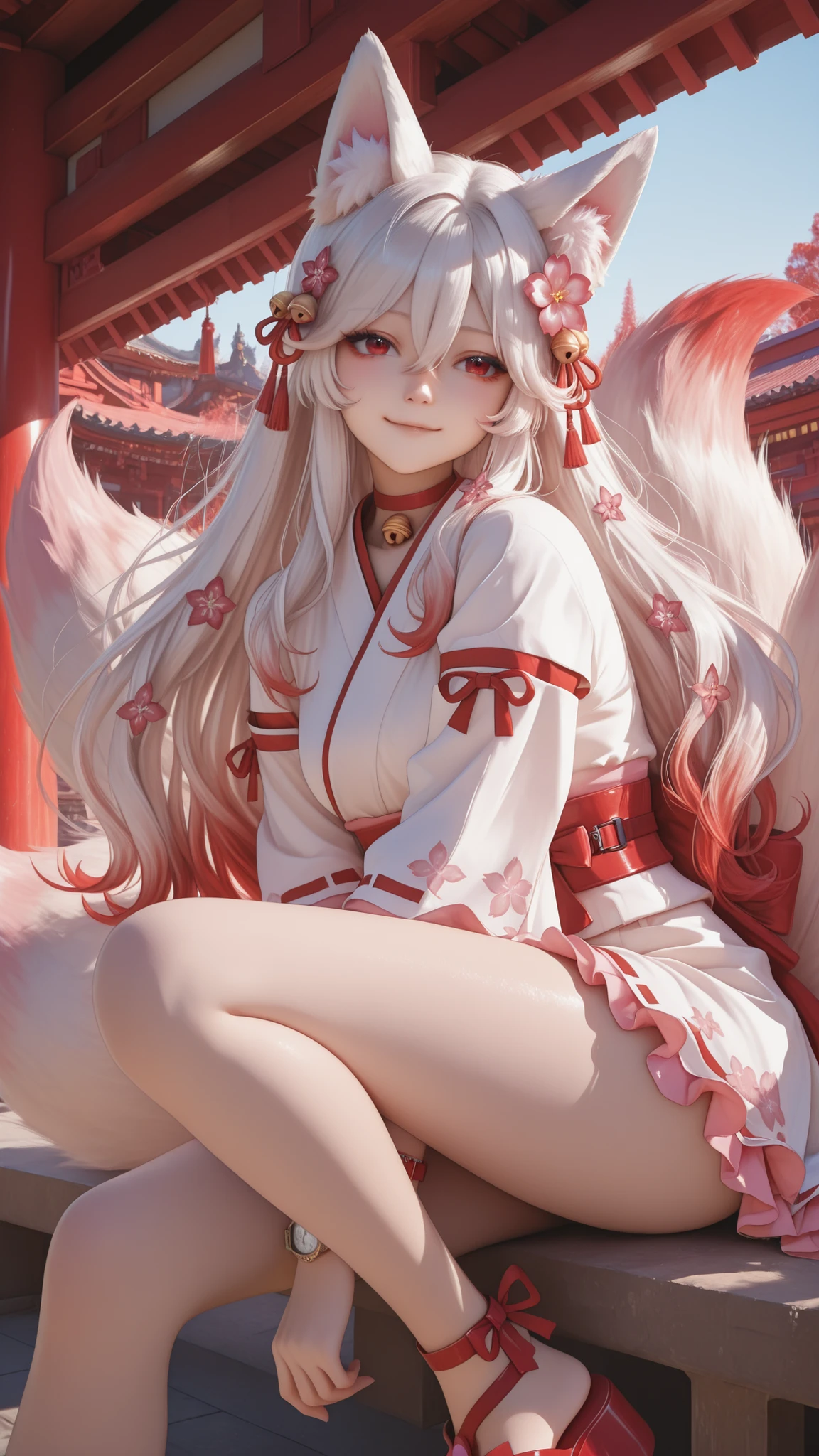 masterpiece, Highest Quality, Newest, absurd, high resolution, Hype4realistic,detailed art style, KIT SUNNY STAR VTXL, fox ears, fluff on the animal's ears, Red Eyes, Silver Hair, long hair, side lock, hair between eyes, Red hair ornament, hair flower, hair bell, RED CHOKER BELL , FOXTAIL, Multi Tail, shoulder out, watch viewers,Gentle smile, White kimono, red belt, Mini length, frills, pink thighs, Red sandals,In the temples of Japan, expressive brush strokes,Brilliant Colors,
