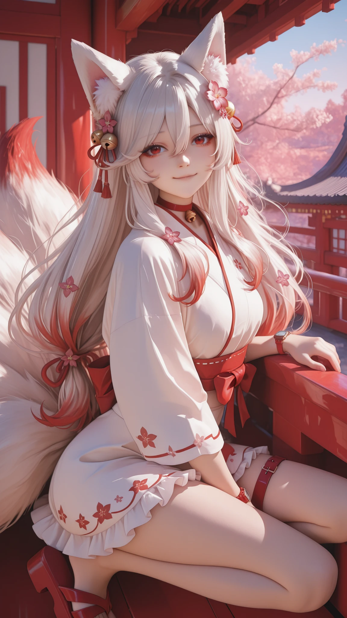 masterpiece, Highest Quality, Newest, absurd, high resolution, Hype4realistic,detailed art style, KIT SUNNY STAR VTXL, fox ears, fluff on the animal's ears, Red Eyes, Silver Hair, long hair, side lock, hair between eyes, Red hair ornament, hair flower,  hair bell, RED CHOKER BELL , FOXTAIL, Multi Tail, shoulder out, watch viewers,Gentle smile, White kimono, red belt, Mini length, frills, pink thighs, Red sandals,In the temples of Japan, expressive brush strokes,Brilliant Colors,