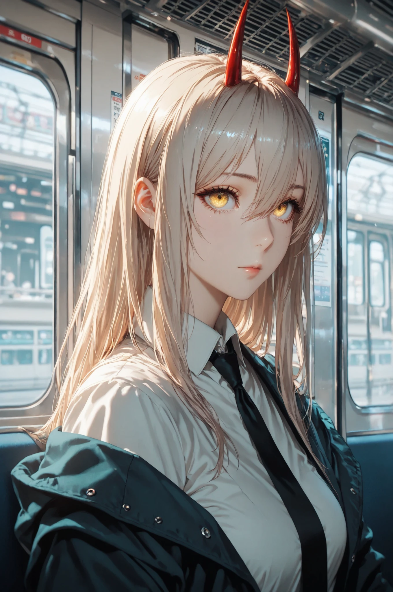 power_v1, 1girl, red horns, long hair, hair between eyes, black necktie, shirt, jacket, yellow eyes, high definition eyes, detailed eyes, high gradient eyes, eyesHD, 1girl, solo, upper body view, the girl is very beautiful, the girl has an incredibly beautiful face, detailed skin image, anatomically accurate ratio, the girl looks directly at the viewer. The girl is sitting in an ordinary Japanese subway car, the train is filled with ordinary Tokyo residents: students, office clerks. Masterpiece, best quality, vibrant, very aesthetic, high contrast, semrealistic, newest, (masterpiece, detailed:1.2). Proper lighting, proper shadows, detailed background.