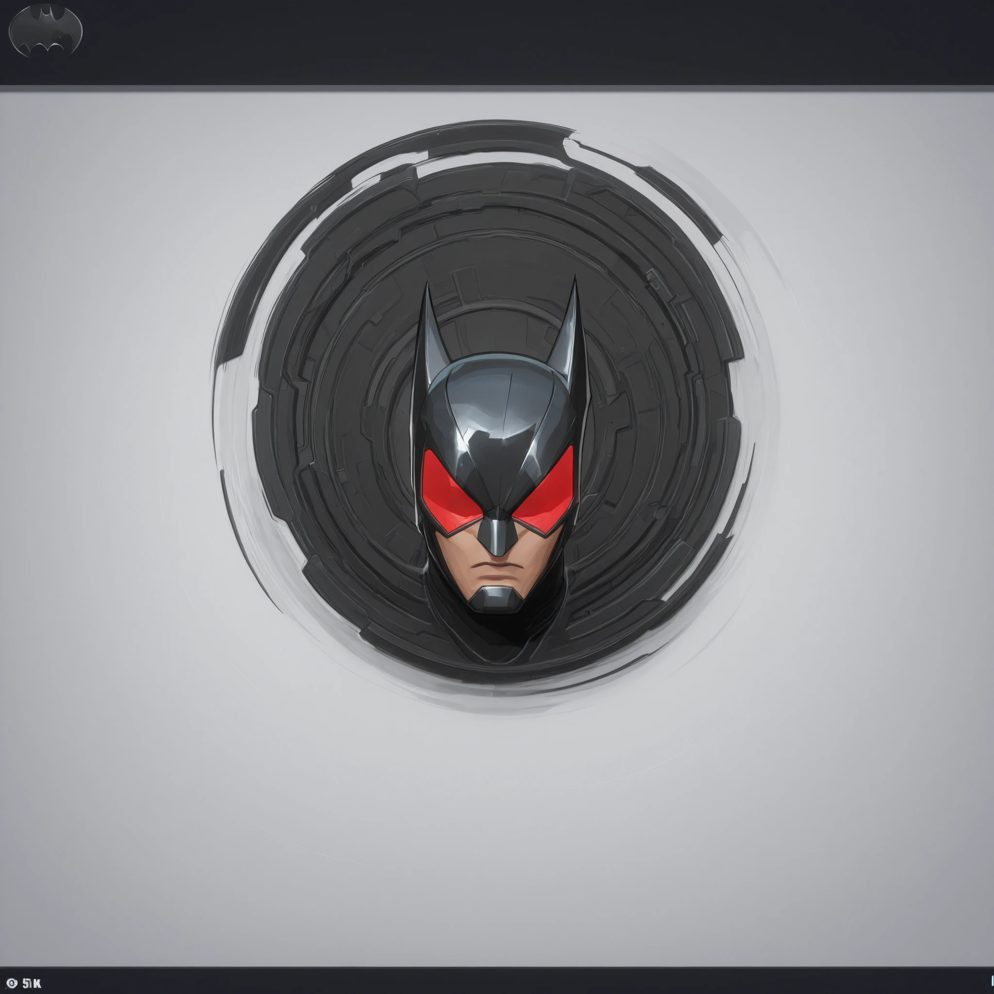Batman helmet design, high-tech helmet design, red visor screen, 2.5D cartoon style, 8K ultra HD, high quality, internal wires coming out of the armour, bold black outlines, white background with black bat symbol, dynamic view, front view,