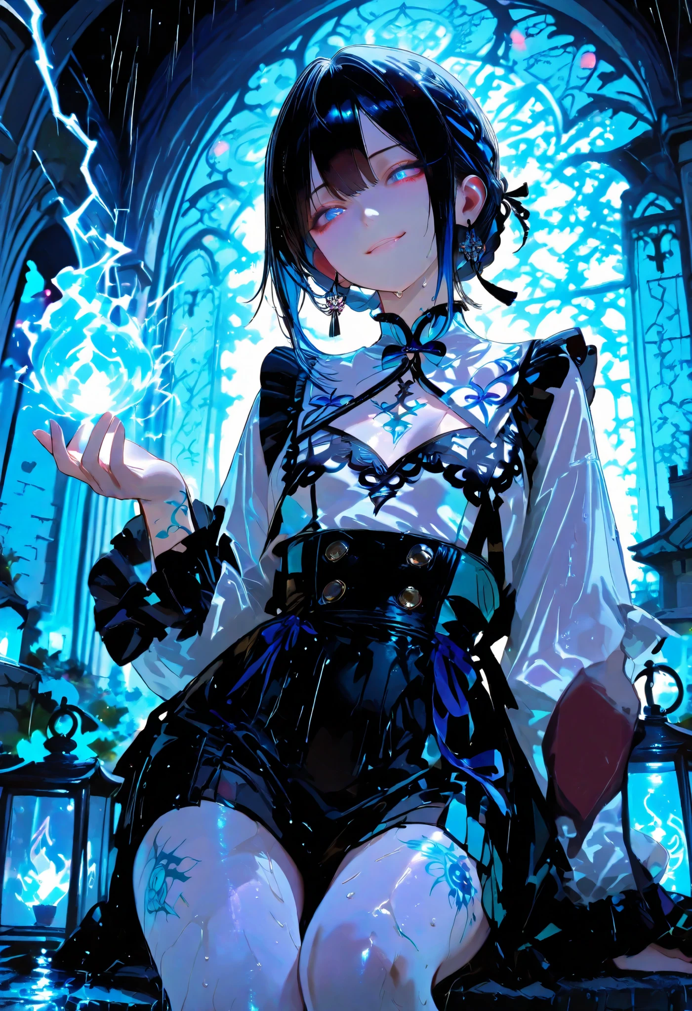 Haunted Castle、1 Midnight、The girl who lost her way、long black hair,Fireball in hand、Lantern Lights、I'm not scared at all!、Lightning echoes、girl wet in the rain、big mansion like a castle、 Ghosts、dimly lit room、State of Ruins、Only ghost eyes light up,shortcuts,unkempt hair,Short braided hair,Neat,slender beauty,correct posture,small breasted,Beautiful legs,Enchanting Gray-Blue Eyes Shine Like Stars,Saggy Eyes,Brilliant Colors,beautiful eyes,A delicate smile,Textured Skin,Best quality at its best,gentle and beautiful woman,anime style、Seimitsu、4K resolution、High Quality、Super Detailed、Realistic、Realistic、HDR、UHD、STUDIO LIGHT、Transcendental Depiction、Clear Focus、PBR Rendering、Professional、Brilliant Colors彩、bokeh effect