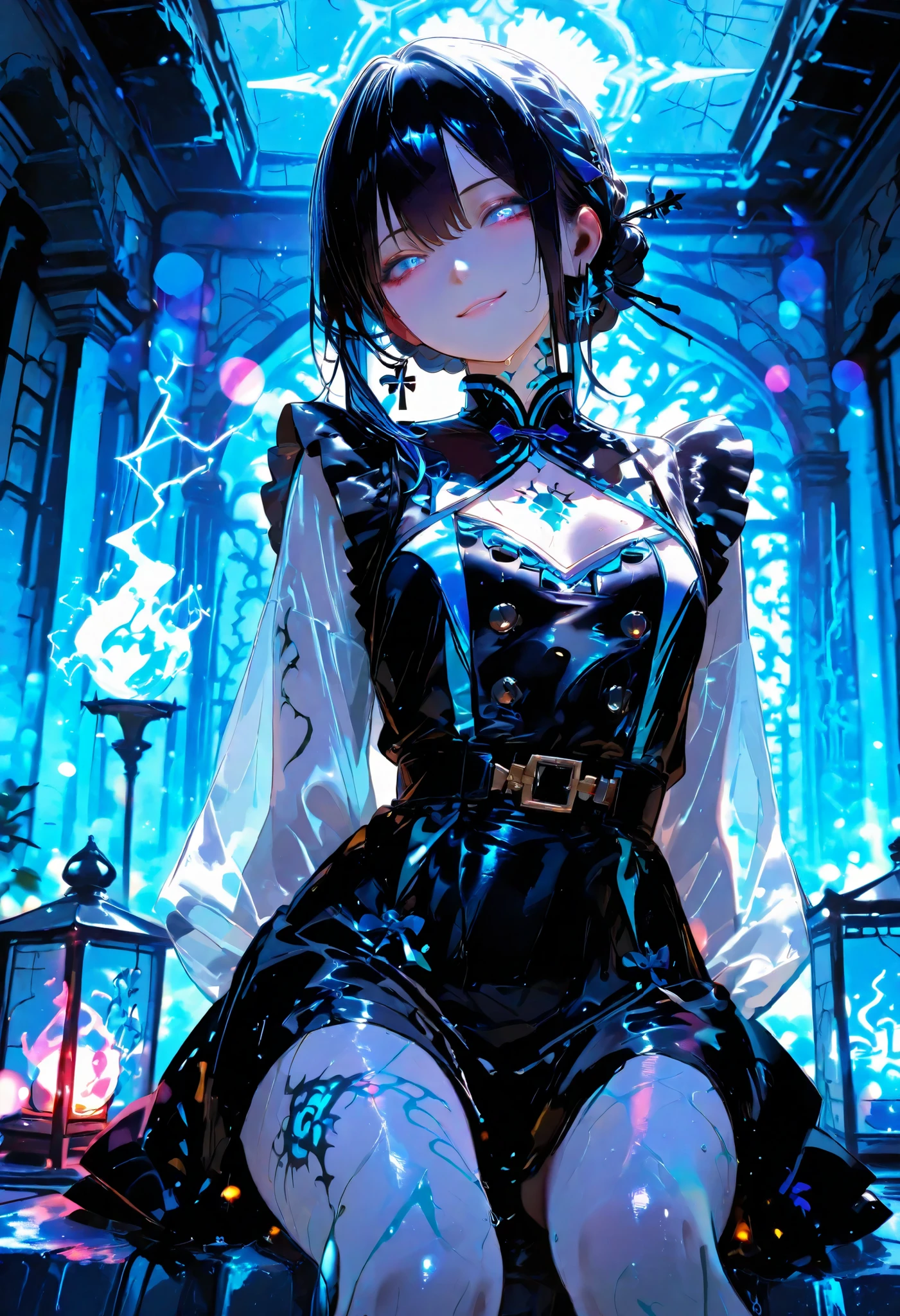 Haunted Castle、1 Midnight、The girl who lost her way、long black hair,Fireball in hand、Lantern Lights、I'm not scared at all!、Lightning echoes、girl wet in the rain、big mansion like a castle、 Ghosts、dimly lit room、State of Ruins、Only ghost eyes light up,shortcuts,unkempt hair,Short braided hair,Neat,slender beauty,correct posture,small breasted,Beautiful legs,Enchanting Gray-Blue Eyes Shine Like Stars,Saggy Eyes,Brilliant Colors,beautiful eyes,A delicate smile,Textured Skin,Best quality at its best,gentle and beautiful woman,anime style、Seimitsu、4K resolution、High Quality、Super Detailed、Realistic、Realistic、HDR、UHD、STUDIO LIGHT、Transcendental Depiction、Clear Focus、PBR Rendering、Professional、Brilliant Colors彩、bokeh effect