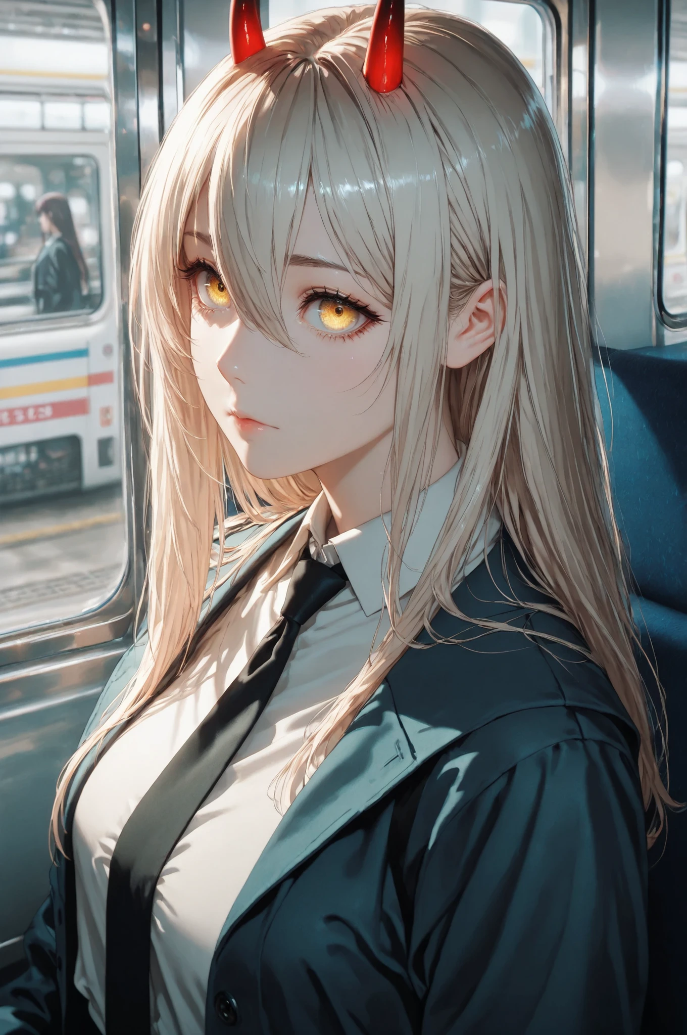power_v1, 1girl, red horns, long hair, hair between eyes, black necktie, shirt, jacket, yellow eyes, high definition eyes, detailed eyes, high gradient eyes, eyesHD, 1girl, solo, upper body view, the girl is very beautiful, the girl has an incredibly beautiful face, detailed skin image, anatomically accurate ratio, the girl looks directly at the viewer. The girl is sitting in an ordinary Japanese subway car, the train is filled with ordinary Tokyo residents: students, office clerks. Masterpiece, best quality, vibrant, very aesthetic, high contrast, semrealistic, newest, (masterpiece, detailed:1.2). Proper lighting, proper shadows, detailed background.