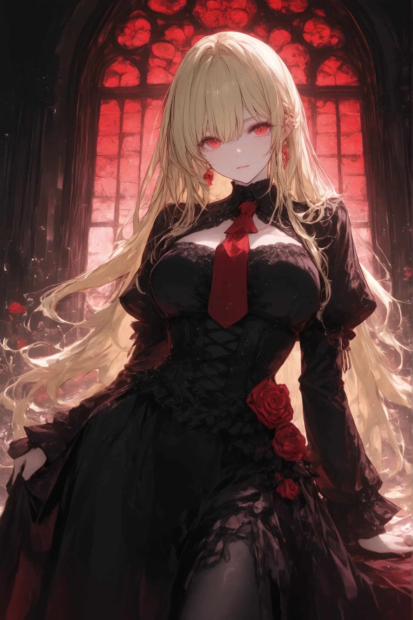 very long lashes、、30 years old、high resolution、high image quality、up、Highly detailed、blonde straight、Red Eyes、black long gothic dress、red tie、Rin々Seems、mature、