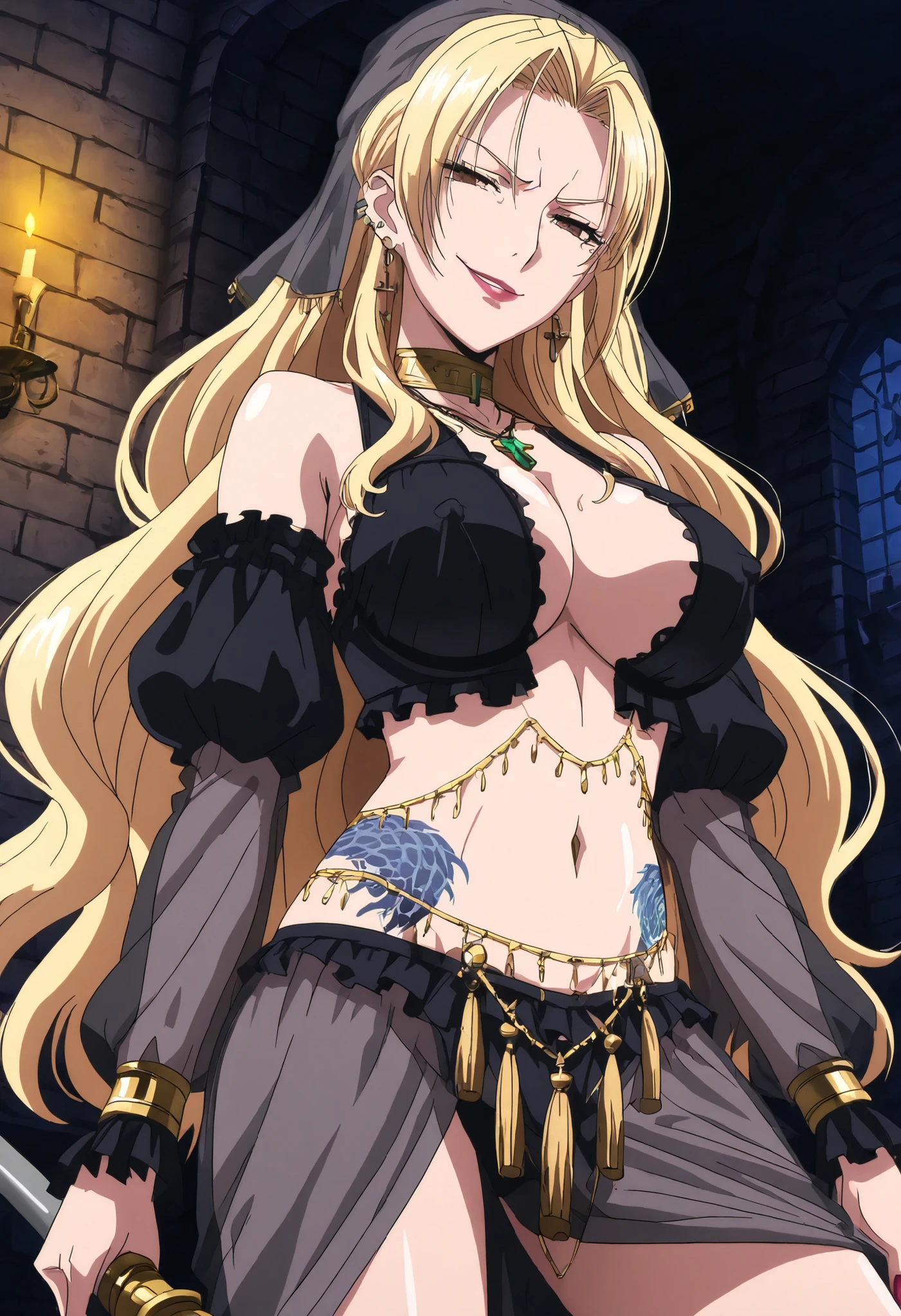 ((masterpiece)),(((best quality))),((ultra-detailed)),((illustration)),((disheveled hair)),((frills)),(1 girl),(solo), Lihtel \( Samayou Midara na Lunatics\),blonde hair,brown eyes,(anime coloring , anime screencap:1.2),(,mature,sexy, dominatrix,Smirk,1girl, dark_fantasy_illustration, black choker, cross necklace, gothic, Evil Smile, Malicious Smile, lipstick, nail polish, ear piercing, long hair, , lipstick, Hot girl, baddie, smoking, sensual, attractive ,choker, ,cross necklace,,castle,inside castle, holding a staff, ,harem outfit, tassel, silk, gloves, golden belly chain, golden jewelry, gem, gemstone, transparent pelvic curtain, curtains, revealing clothes, arabian clothes, detached sleeves, long sleeves, covered , see-through, clothing cutout, cleavage, shoulders, cleavage, navel, elegant makeup, castle,inside castle, masterpiece, best quality, highly detailed ,gold_choker, complex detailed background, inside, ,harem_outfit,navel, necklace, pelvic_curtain,revealing_clothes, veil, masterpiece,best quality,mature,evil smile ,necklace,pendant, () , exposed belly, exposed navel, midriff, exposed lower belly, ,cleavage, navel , european architecture, palace,, medium ,dragon tattoo on waist, narrowed eyes, tattoo on waist, anipai_style , anime screencap , anime coloring,, v-shape eyebrows,,