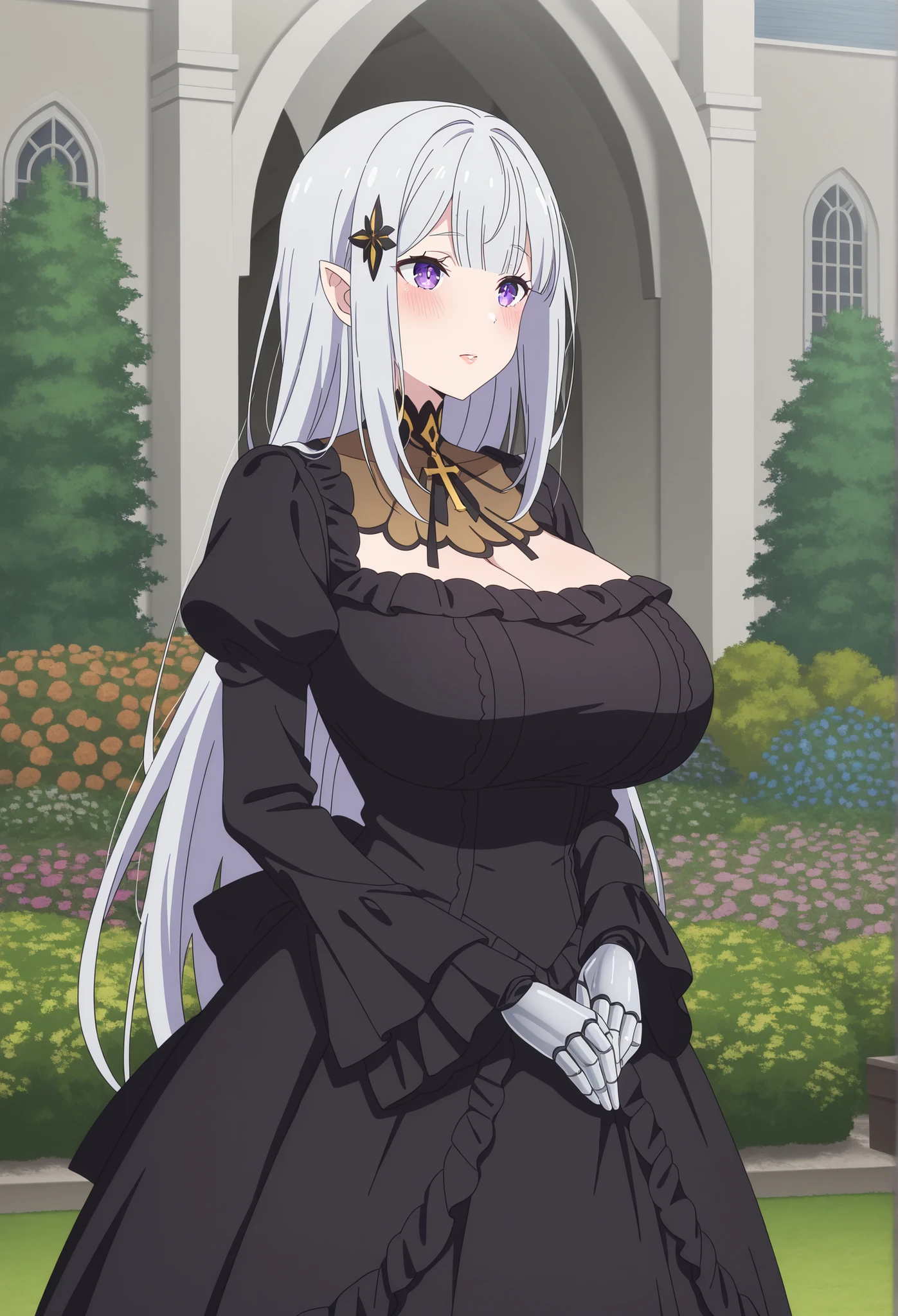 newest , masterpiece , anime screencap , anime coloring , adult ReZero, Solo, long dress, Satella, Anime, 1girl, Mature Female, pointy ears, hair ornament, blush, silver hair, long hair, lips, purple eyes, Huge breasts, view detailed body, ((lady, Black Victorian Dress, black dress, ribbon, garden,))), 1889, (((Sexy,))) silver prosthetic arms, cross, church,