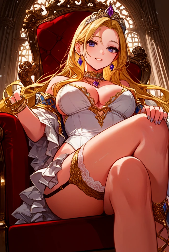 16yo girl, elf, long hair, hime cut, golden hair, J cup ??????, thicc thigh, skin, perfect glasshour body, golden pasties on ????? and ????, a lot golden accessories, golden bracelets, golden necklaces, golden string on stomach, golden tiara, golden heels, fishnet on thighs, golden coat, gorgeous and elegant, castle hall scene
