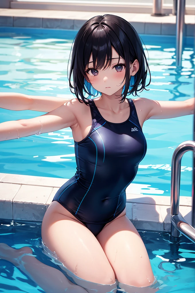 (masterpiece,best quality,ultra detailed,high resolution),(daytime,clear weather,bloom),looking viewer,(cowboy shot),((solo)),(beautiful girl),teenage,(black hair,medium hair,straight hair),(beautiful detailed face,beautiful detailed eyes,fair skin),light smile,(one-piece swimsuit,navy swimsuit),(medium breast,medium hip,beautiful covered hip),((panty lines,pantylines)),on the pool,walking,from behind,