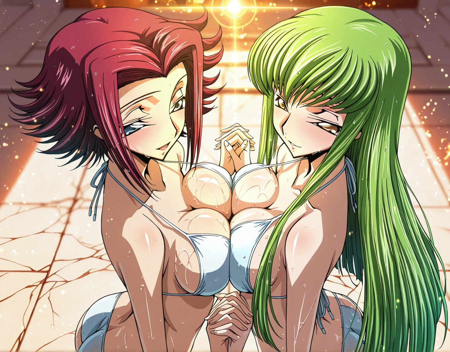 {{{animated painting}}},{{{masterpiece}}},{{{Highest Quality}}},{{Super Detailed}},{{very delicate and beautiful}},best image quality,super definition,8k,very aesthetic, high resolution, perfect detail, faint light,high brightness, soft saturation ,detailed,deep color,rich color,dark colors,Amazingly Fine, detailed face,high resolution ,8k, Unity,Beautiful Faces,very detailed background,Clear quality,high brightness contrast, light sparkles, wide image, (blurry,crack of light background),White background,(lens flare),(light particles:1.0),(backlighting:0.9),(anime screenshot), poolside,nsfw, (Takahiro Kimura style),(Code Geass),2girls, (seductive),agirl_and_bgirl, ((agirl,C.C.,green hair,long hair,yellow eyes, open mouth, 鋭い魅力的な視線を持つ黄色い目,yellow eyes, half-closed eyes,)),(bgirl,Kouzuki_Karen, Blue eyes,red hair,short hair, reverse hair,smile blush lines,), 2girls,bikini, breasts, standing, face each other, (Lip gloss),(w arms, interlocked fingers),(glistening skin),(glistening breasts),(very definition hair),(wet body),(bodily fluids),(symmetrical docking),(yuri),(lesbian),(romantic), (looking at partner:1.0),(eye contact:1.0),female focus, facing to the side, cowboy shot,