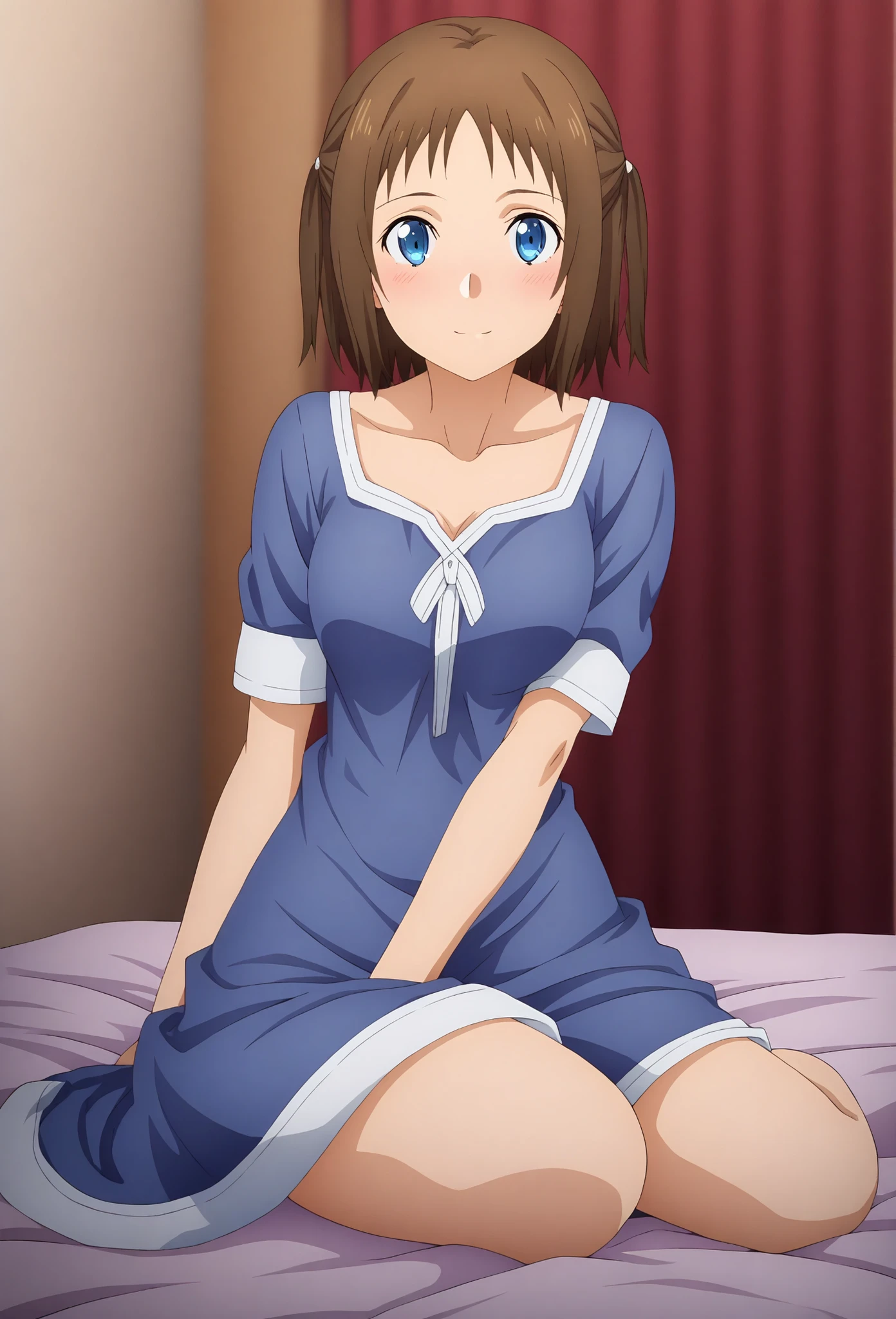 anime screenshot, masterpiece, the best quality,
1girl, Alone, mouth shut, light smile , very detailed skin Blush, head tilted,
two sides up, short hair, brown hair, blue eyes,
blue nightgown, short sleeves, medium breasts, dress tape, white ribbon,
Yokozuwari, looking at viewer,
Medieval, in bed, curtains, photo background, blurry background
And after a hot and seductive moment she begins to undress