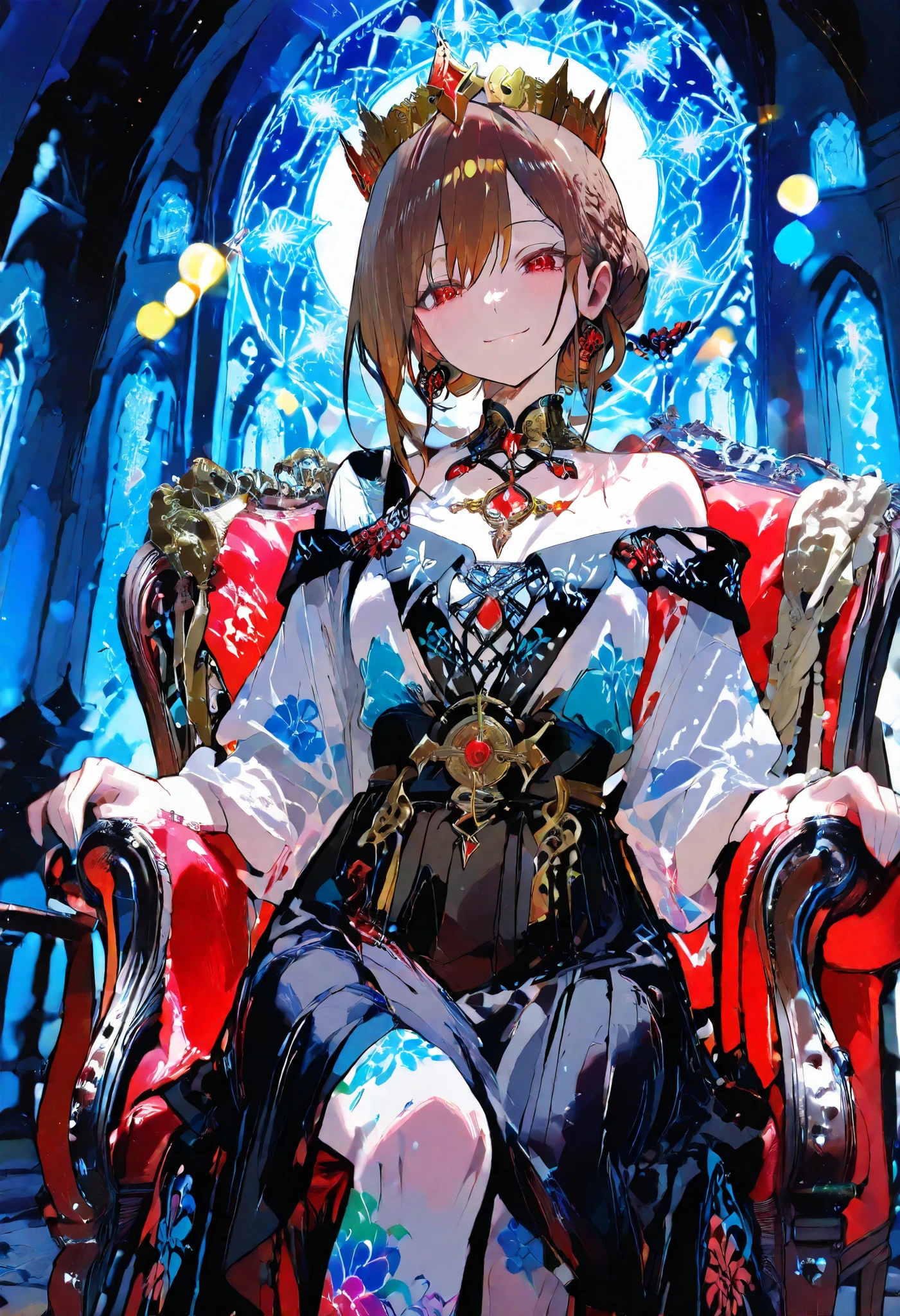 (((Red Eyes)))、(((Gold crown)))、night,A bewitching crimson eyed fairy with high quality Red Eyes and a sad expression、sitting on a stunning chair in an abandoned castle、looks like they're crossing their legs。luxurious crown,brown hair,shortcuts,disheveled hair,long skirt that comes off her shoulder straps,short braided hair,neat,Slender Beauty,correct posture,small tits,Beautiful legs,enchanting gray-blue eyes shine like stars,Saggy Eyes,Brilliant Colors,beautiful eyes,A delicate smile,textured skin put together,Highest Quality,gentle and beautiful woman,anime style、darkness and moonlight shining in the background、There are multiple old portraits hanging hanging around that make you feel the passage of time。meteor、空から降り注ぐmeteor、無数のmeteor群、The color of determination floats in her mouth、A small flame shines faintly。Detailed 4K Rendering,Ultra High Definition,Photographic Realism,Professional, very colorful ,Bokeh