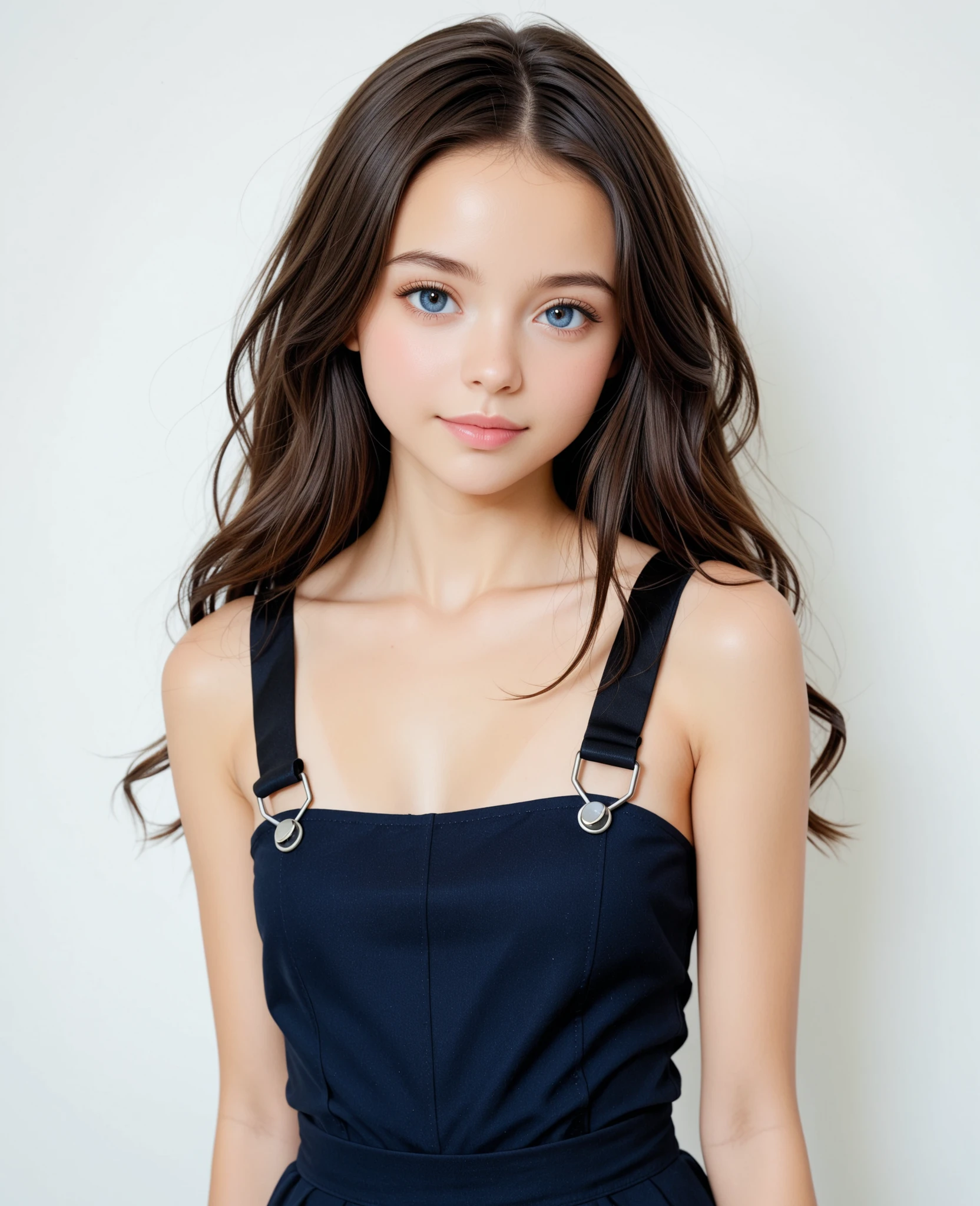 0HD image quality、 True、Valuable、Artistic、 Superb 、 pretty girl、fashion blockbuster、ht、upper body、front、standing、Clean background,Blues、wearing a stylish black suspender dress