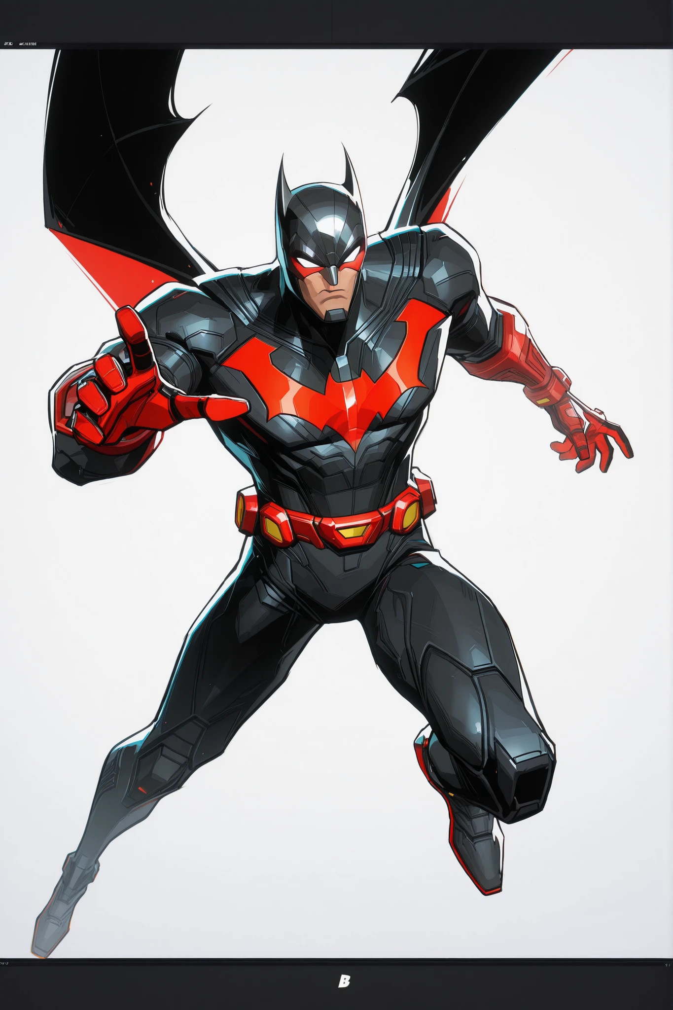 Full Batman bluish-black helmet design, high-tech helmet design, red visor screen, 2.5D cartoon style, 8K ultra HD, high quality, bold black outlines, white background, dynamic view, front view, concept art