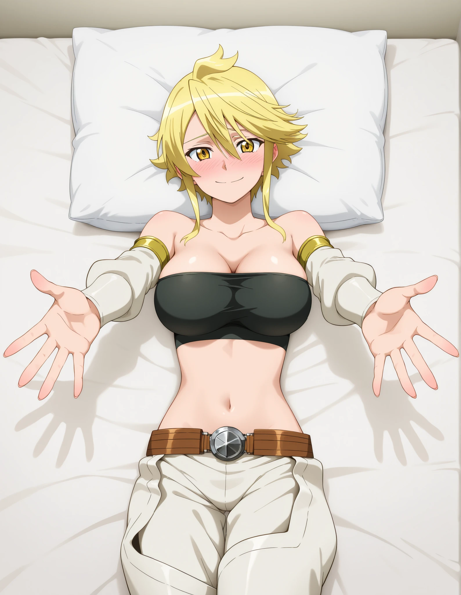 aaleone, short hair, blonde hair, yellow eyes, strapless, black tube top, midriff, belt, black panties, chaps, blushing, shy smile