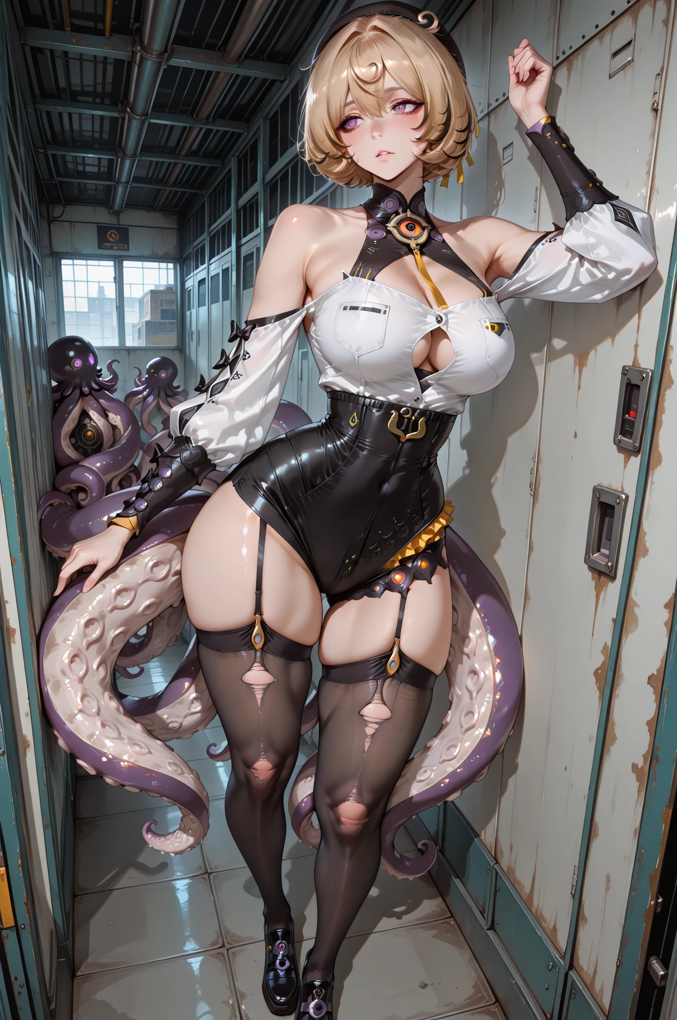 Anime - style woman posing in latex in a giant octopus chair with fine details. Anime. Tentacles, wrapped in black tentacles, covered with tentacles, around the tentacles, some tentacles are touching her, beautiful octopus woman, seductive anime girl, huge greasy tentacles and eyes, extremely detailed art, tentacles, tentacle monsters, tentacles,, hybridization, , snapping, eighteen forbidden