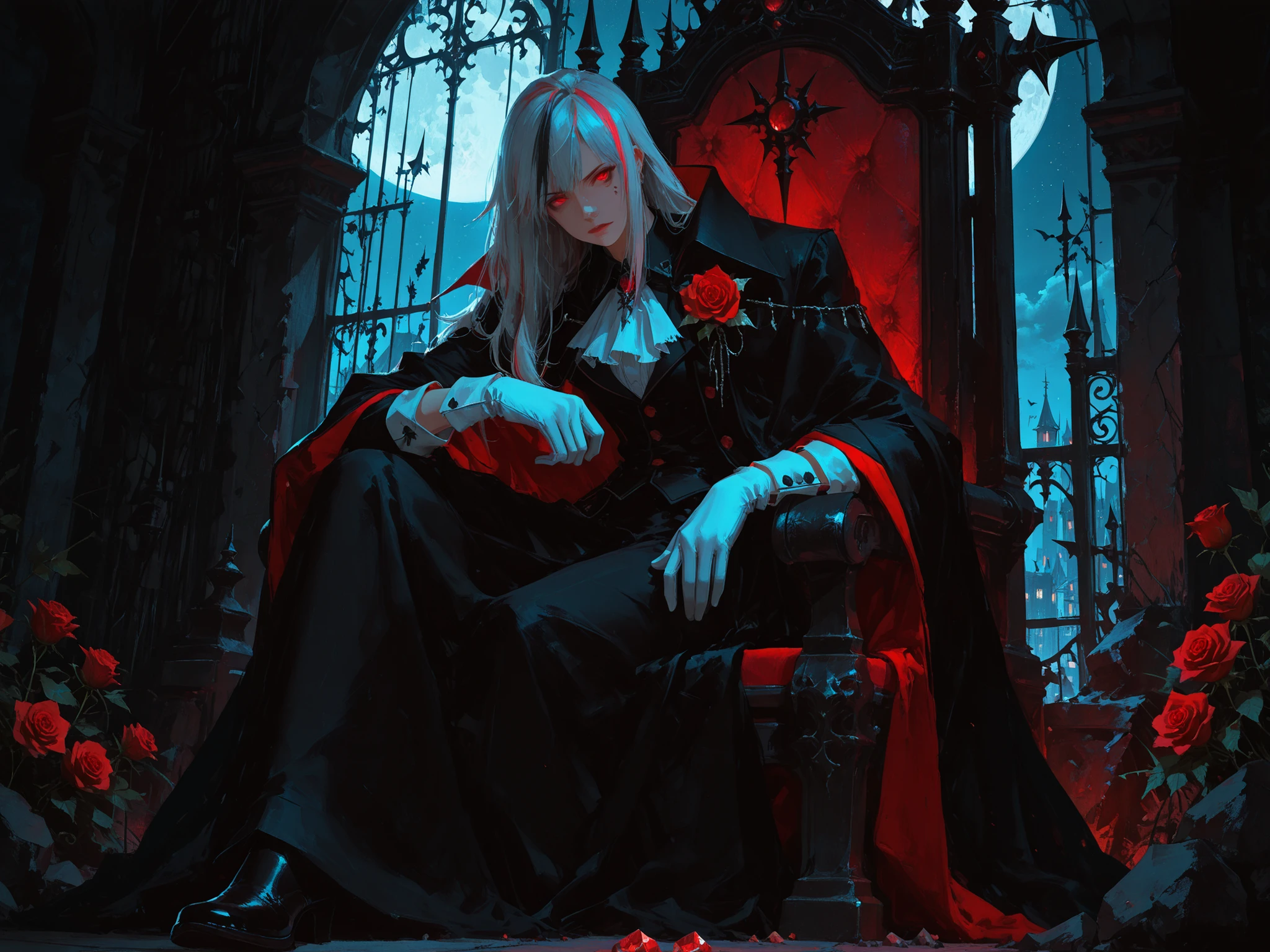 medium shot, front shot, makes an aesthetic, Master piece, Best Quality, ultra detailed, a handsome (man:1.6), (man:1.6), solo, long hair, silver hair, black streaked hair, beautiful red eyes, looking at viewers, black vampire countess suits, long cloak, white gloves, red stone throne, Sitting hunched over, grim face, black raven, indoor, royal room in background, red rose, night, moon