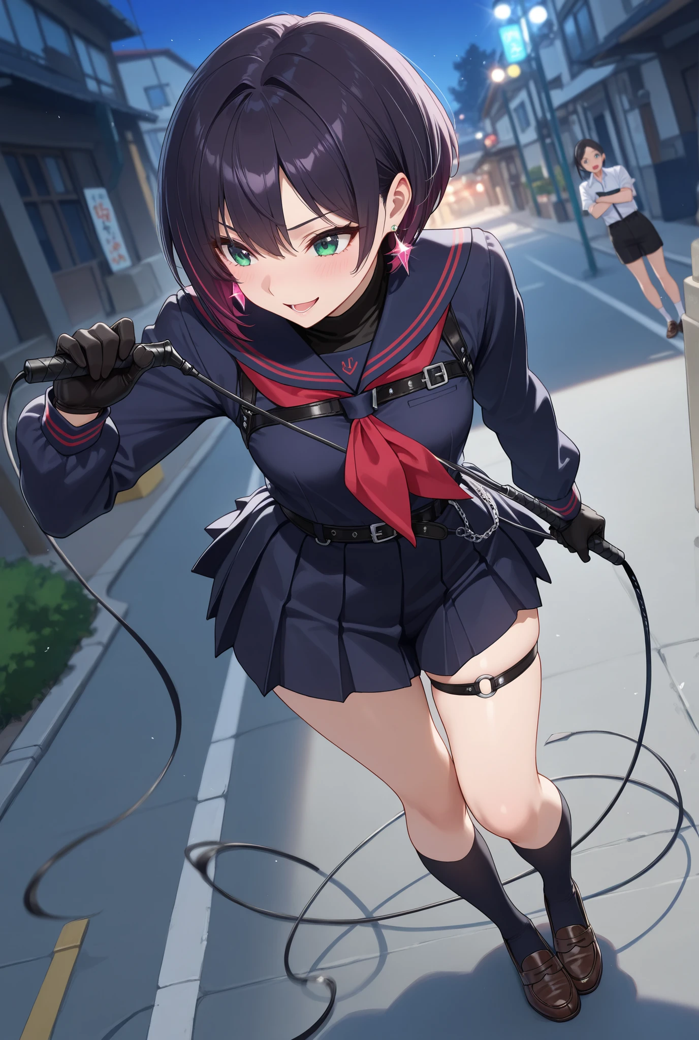 anime、animeフェイス、chest、thighs、 trained butt 【black shorts】miniskirt with support【sailor suit】 full body、dark haired　、【belly short bob cut】High and beautiful nose、small face 、( Highest Quality:1 . 2 , 4K , 8k , very detailed , Attention to Details , masterpiece:1 . 2 , Best Aesthetics)【Outdoors】night、ground 、black gloves  、female middle school student、 、黒garter ベルトストッキング　、upper body harness belt x 2 、 garter　Garterベルト on thighs, 黒のloafers、1girl,  black gloves  、  クロgarterベルト、黒のloafers、knee-length skirt、standing position、Full Body、laughing、With a whip、Tough Female Trainer、Contempt、chest belt (至高のmasterpiece, Highest Quality, Super Detailed),  TORSO IS A BUTT /Shrug your shoulders//Half Off Outfi/ブラジャーとchestの谷間/ Disconnect, excessive pressure, (The pleated skirt is dynamic:1.2), loafers, has a whip    , dynamic angle,   Javelin Preparation  , dynamic pose, (action scene)(Fight Action)Decorations/Sparkling earrings that fit the head perfectly/Neon Color Novel Effects/black shorts