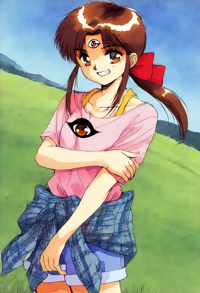 aerith gainsborough, high detail, flower field background, 1980s \(style\), retro artstyle,(Loli kid),(completely :1.2),