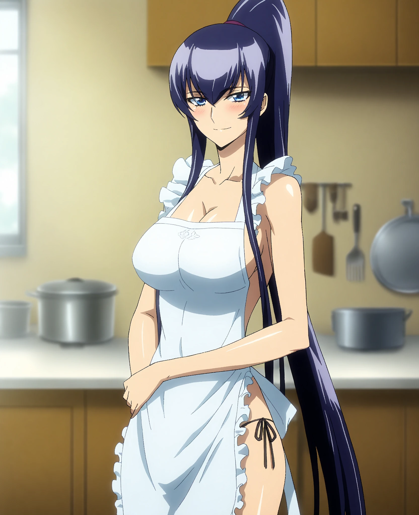 score_9, score_8_up, score_7_up, source_anime,
saekobusujima, <lora:saeko-busujima-ponyxl-lora-nochekaiser:1>,
saeko busujima, long hair, purple hair, purple eyes, hair between eyes, braids, braided ponytail,
apron, naked apron,
indoors, kitchen,
looking at viewer, dutch angle, cowboy shot,