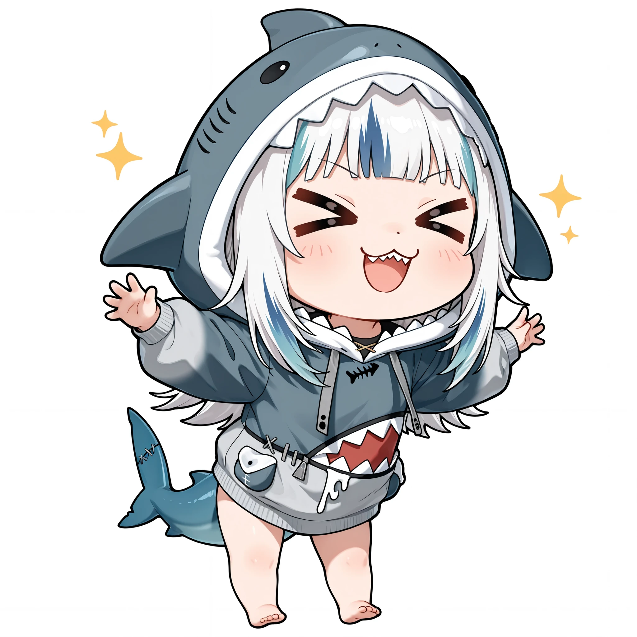 (masterpiece), (best quality), chibi, stylized, around 2.5 to 3 heads tall, small body, proportionally big head, official art style, thick outlines, clean lines, vibrant colors, cute, expressive,
1 (chibi girl),(solo),white hair,long hair,straight hair,baby face,cute,kawaii,shark tail,Thighs,
(:3),(> <:1.1),smile,open mouth-wide,facing ahead,sharp teeth,BREAK
Chibi character wearing a sawshark-themed hoodie, hood designed like a sawshark head with a long saw-shaped snout and small fins on the sides, smooth marine-textured fabric, and matching sawshark-style feet,hood up,gray hoodie,
dynamic pose,
simple background,
full body,black outline,bold,