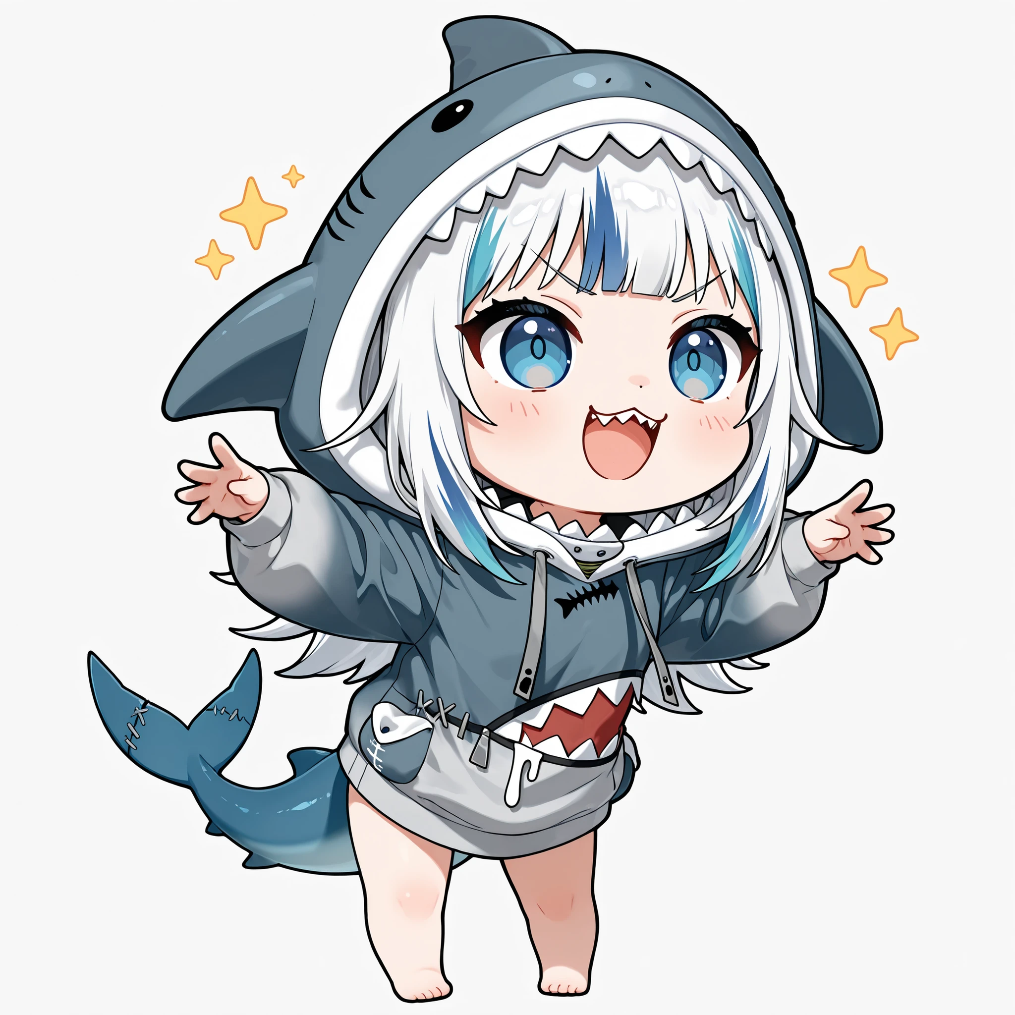 (masterpiece), (best quality), chibi, stylized, around 2.5 to 3 heads tall, small body, proportionally big head, official art style, thick outlines, clean lines, vibrant colors, cute, expressive,
1 (chibi girl),(solo),white hair,long hair,straight hair,baby face,vivid blue eyes,cute,kawaii,shark tail,Thighs,
(:3),smile,open mouth-wide,facing ahead,sharp teeth,v-shaped eyebrows,BREAK
Chibi character wearing a sawshark-themed hoodie, hood designed like a sawshark head with a long saw-shaped snout and small fins on the sides, smooth marine-textured fabric, and matching sawshark-style feet,hood up,gray hoodie,
dynamic pose,
simple background,
full body,black outline,bold,