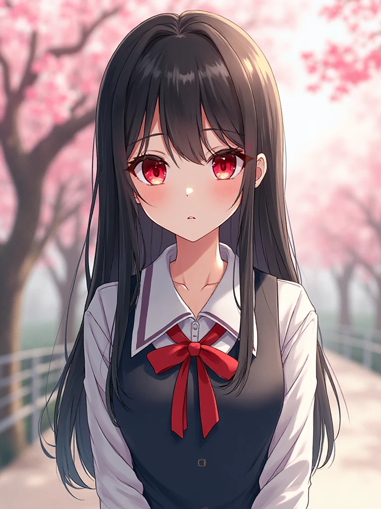 One Girl with Red Eyes、anime style illustration、long black hair、white skin、Bright red eyes are impressive、 Simple School Uniforms 、serious expression、Standing in Natural Light、Blurry cherry blossom tree on background、spring sunshine、vivid character design、Clear line art、Pastel Background、textured metal、High Definition Art