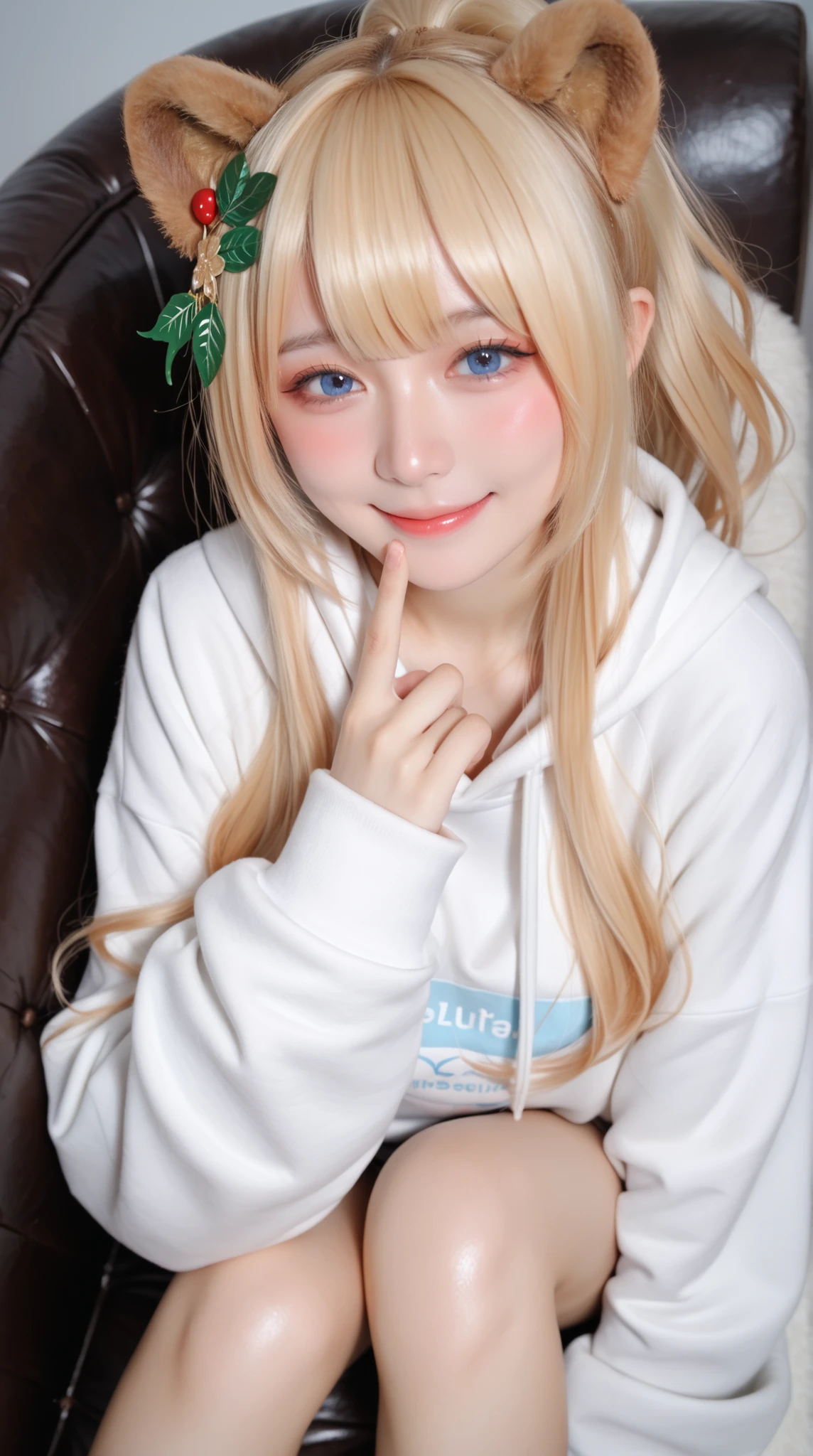 (Masterpiece), (Highest Quality), (score_9, score_8_up, score_7_up), highly detailed eyes, expressive eyes that accurately represent shapes, perfect face, beautiful girl with a smirking face, 8k, (Delicate and Beautiful Face and Eyes:1.2), Dark Shadows, 1 Girl, solo, virtual YouTuber style, cool girl, hololive, Kazama Iroha, Blonde, Bang, ponytail, Blue Eyes, hair ornaments, leaf hair ornaments, Tiny Chest, collarbone, blush, Shy, shiny oily skin, (soft, white hoodie with cute raccoon dog ears), full body, relaxing in a large armchair、cross your legs, Illuminated by、looking at viewers with a gentle smile.
