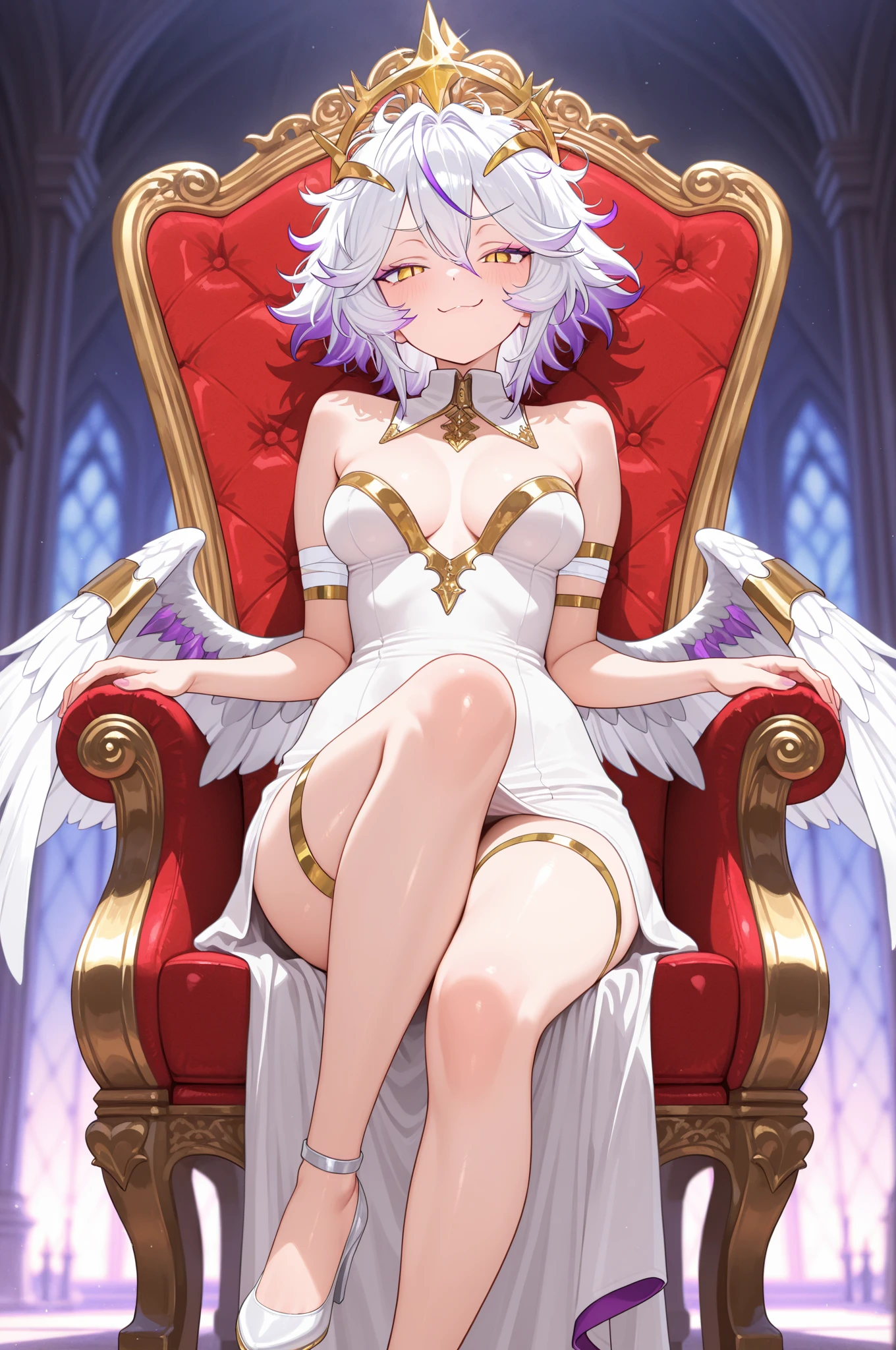 gran calidad ++ Extremely detailed high resolusionolution, very aesthetic, ojos expresivos, (((Cara perfecta))), (((face symmetrical))), ((good )), (((manos perfectas))), (((8k))), UHD, Fondo de pantalla HD, (((alta calidra detallada, (((((1girl)))))), solamente, Obra maestra, La mejor calidad, high resolusion, Altamente detallado, (illustration), hermosos ojos detallados, (((combatant))), (((1girl))), ((((cuerpo completo)))), (((((((illyasviel von einzbern)))))), (((((princess_celestia)))), ((((forma humana)))), (((((angelic smile))))), ((princesa celestia humanizada)), Celestia, Celestia de My Little Poni, celestia en forma de milf, Cabello largo y ondulado, (((Ojos rojos))), (((goth girl))), (((purple heart promise))), (((((white dress))))), (((milfication))), (((mature female))), ((())), (((white pony ears))), (((Dedos detallados))), (((((white angel wings))))), (((angel wings spread)))), (((cuerno de unicornio))), (((((hollowfication))))), Dedos precisos, Manos no antinaturales, strange eye, (((castillo))), interrior, hermoso trono, (((sentada))),
