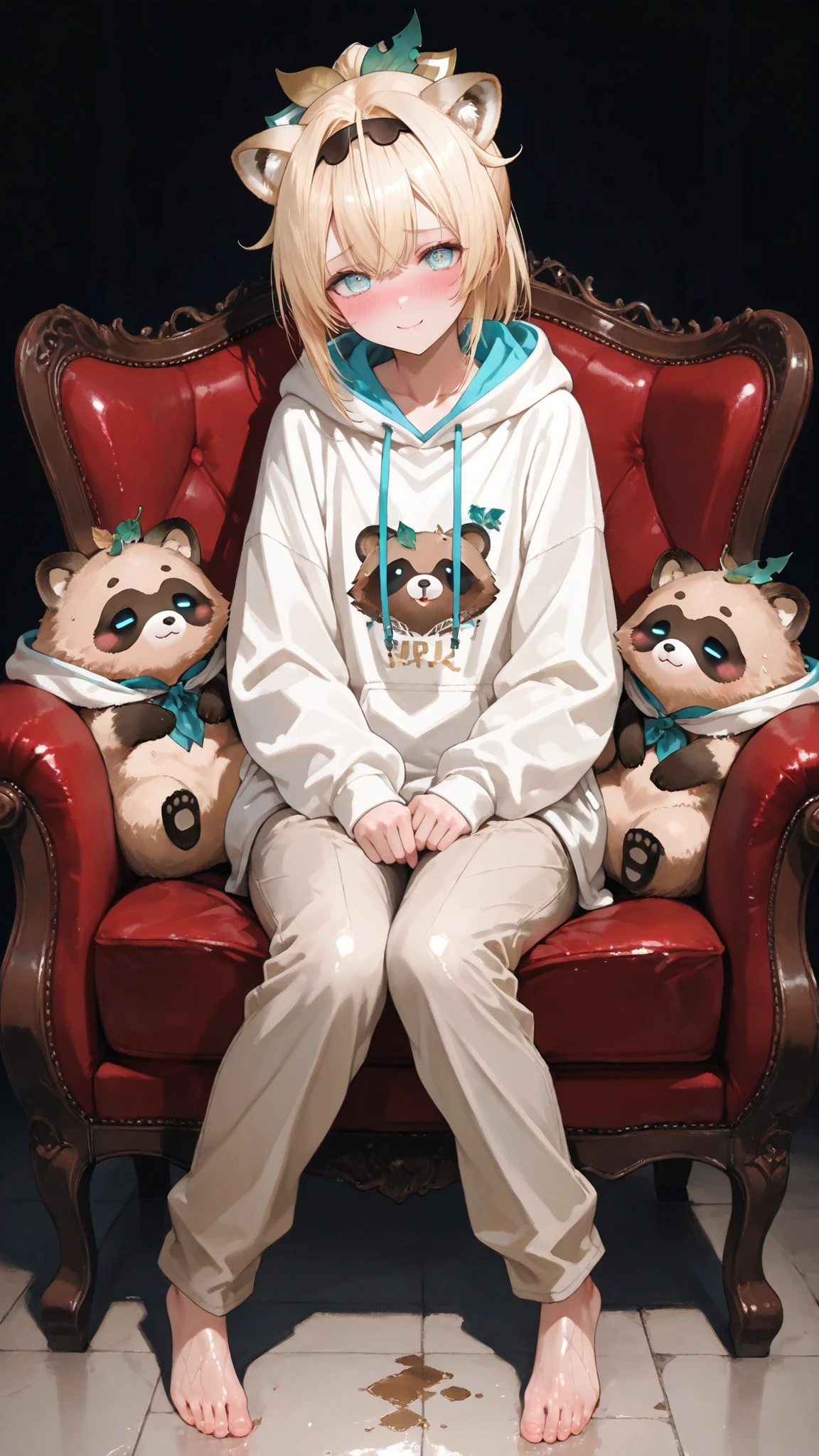 (Masterpiece), (Highest Quality), (score_9, score_8_up, score_7_up), highly detailed eyes, expressive eyes that accurately represent shapes, perfect face, beautiful girl with a smirking face, 8k, (Delicate and Beautiful Face and Eyes:1.2), Dark Shadows, 1 Girl, solo, virtual YouTuber style, cool girl, hololive, Kazama Iroha, Blonde, Bang, ponytail, Blue Eyes, hair ornaments, leaf hair ornaments, Tiny Chest, collarbone, blush, Shy, shiny oily skin, (soft, white hoodie with cute raccoon dog ears), full body, relaxing in a large armchair、cross your legs, Illuminated by、looking at viewers with a gentle smile.