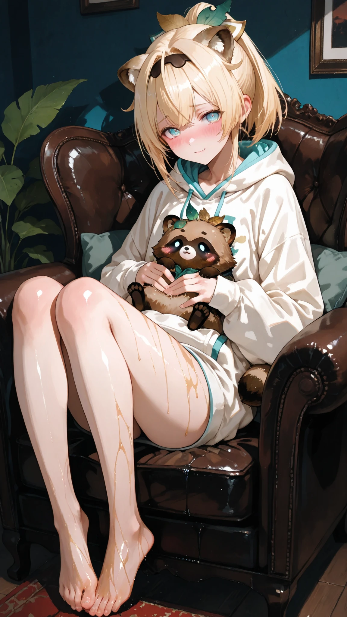 (Masterpiece), (Highest Quality), (score_9, score_8_up, score_7_up), highly detailed eyes, expressive eyes that accurately represent shapes, perfect face, beautiful girl with a smirking face, 8k, (Delicate and Beautiful Face and Eyes:1.2), Dark Shadows, 1 Girl, solo, virtual YouTuber style, cool girl, hololive, Kazama Iroha, Blonde, Bang, ponytail, Blue Eyes, hair ornaments, leaf hair ornaments, Tiny Chest, collarbone, blush, Shy, shiny oily skin, (soft, white hoodie with cute raccoon dog ears), full body, relaxing in a large armchair、cross your legs, Illuminated by、looking at viewers with a gentle smile.