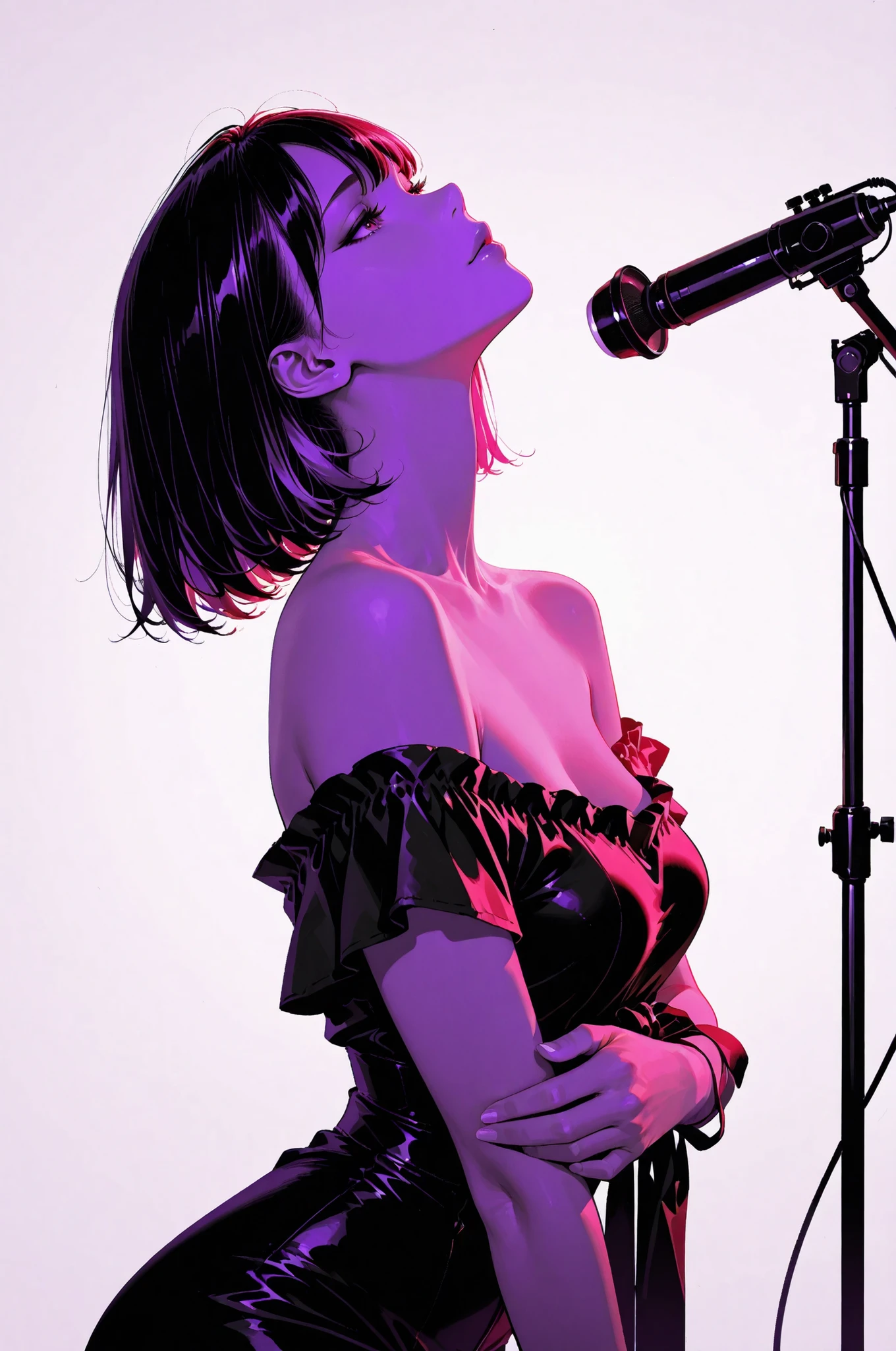 High Quality, Super detailed, 8K Wallpaper, high contrast monochrome, seductive women , off-shoulder design, color only the eyes purple, COOL BEAUTY, intellectual expression, Tight Jawline, Delicate Neck, Graceful Posture, studio lights to hang your arms, Deep Shadow, artistic composition, Eyes that express emotions, urban elegance, simple background, professional lighting technology, Atmosphere like a scene from a movie