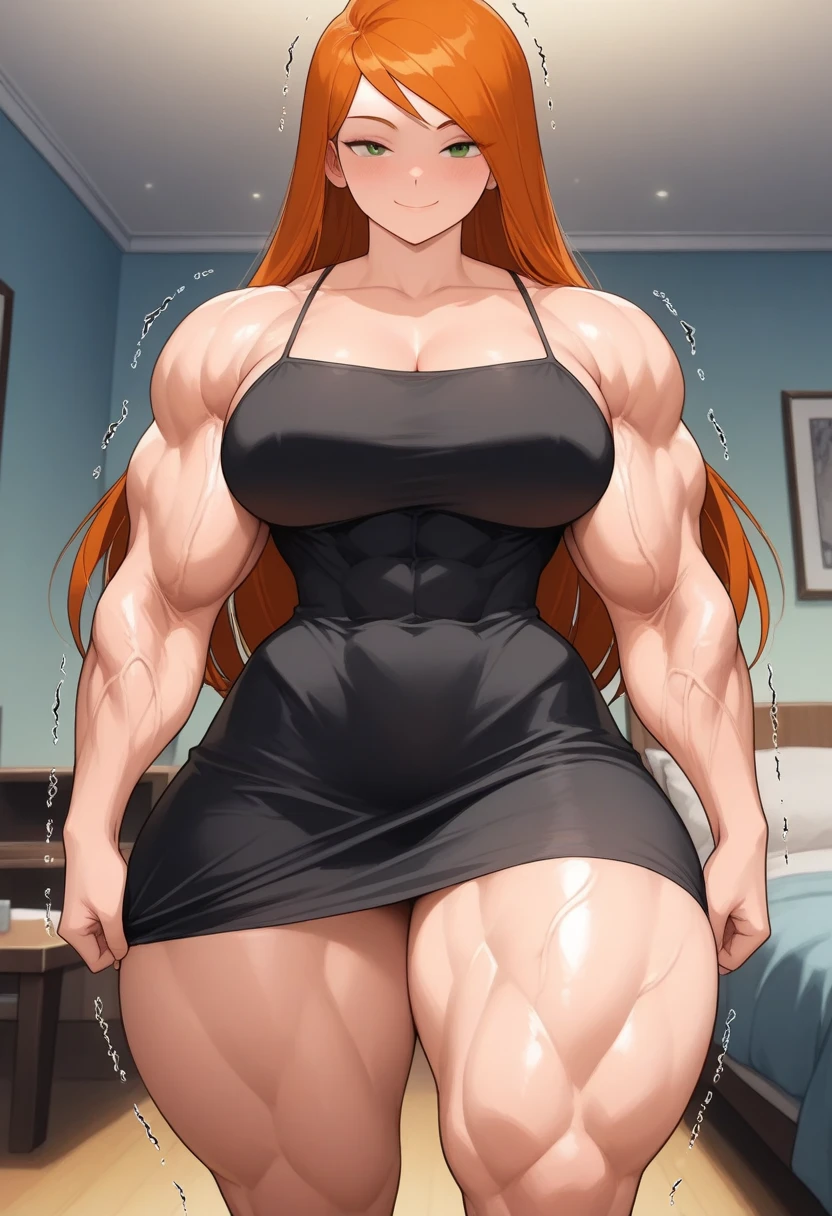 anime-style digital artwork depicts a hyper-muscular woman dressed in a traditional Japanese school uniform. Her white short-sleeve shirt barely contains her broad shoulders and muscular arms, while the dark blue pleated skirt emphasizes her powerful legs. With her short red hair styled in a neat, practical cut, she exudes a sense of strength and discipline. She is resting one hand on the wall and underneath her  leaning against a the wall is a smaller man, and she looks down at him with a calm and composed expression, suggesting both confidence and a protective demeanour. The setting is a typical school hallway with a clean <lora:hyper_muscular_flux_v1:1.1>