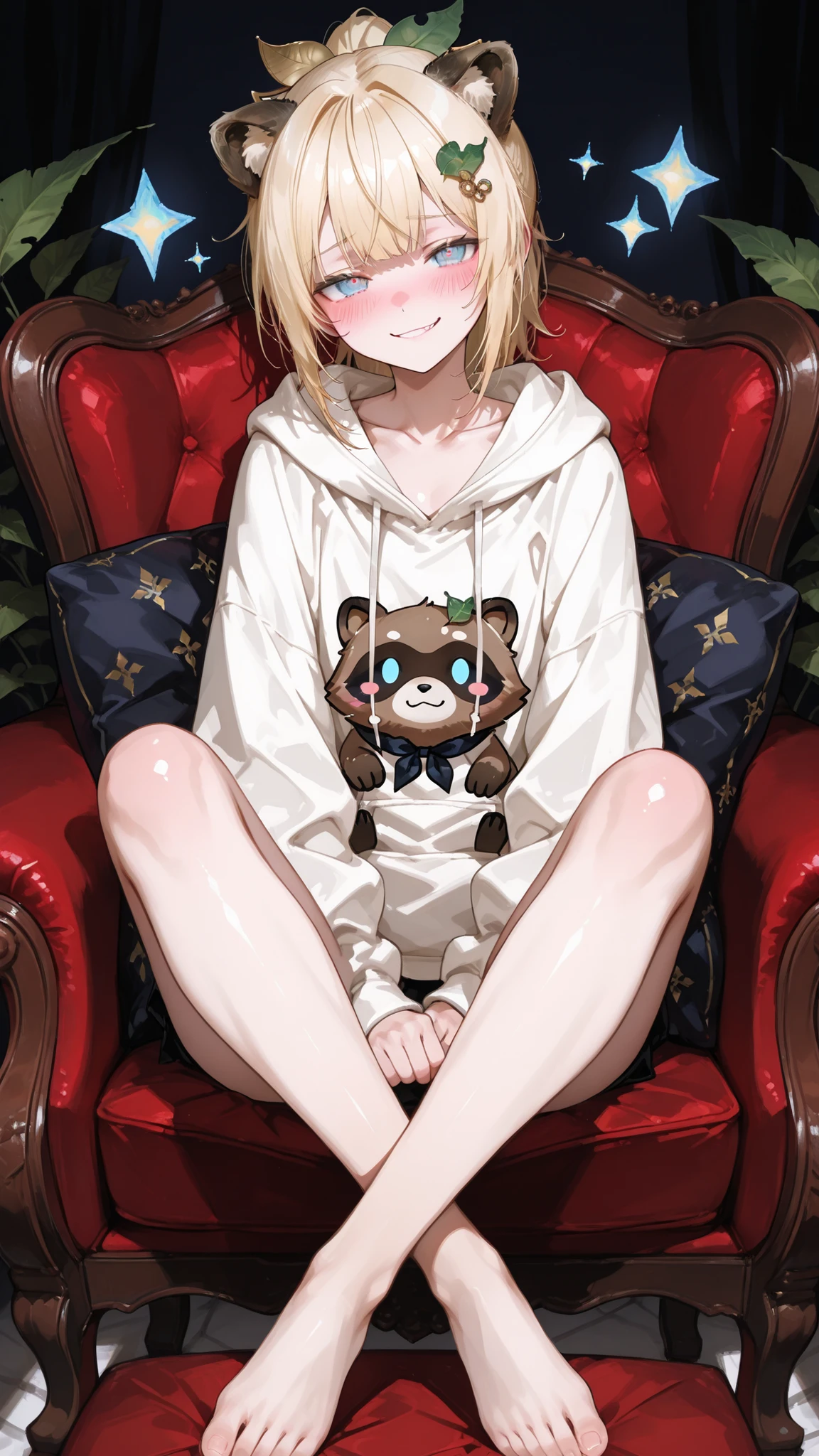 (Masterpiece), (Highest Quality), (score_9, score_8_up, score_7_up), highly detailed eyes, expressive eyes that accurately represent shapes, perfect face, beautiful girl with a smirking face, 8k, (Delicate and Beautiful Face and Eyes:1.2), Dark Shadows, 1 Girl, solo, virtual YouTuber style, cool girl, hololive, Kazama Iroha, Blonde, Bang, ponytail, Blue Eyes, hair ornaments, leaf hair ornaments, Tiny Chest, collarbone, blush, Shy, shiny skin, (soft, white hoodie with cute raccoon dog ears), full body, relaxing in a large armchair、cross your legs, Illuminated by、looking at viewers with a gentle smile.