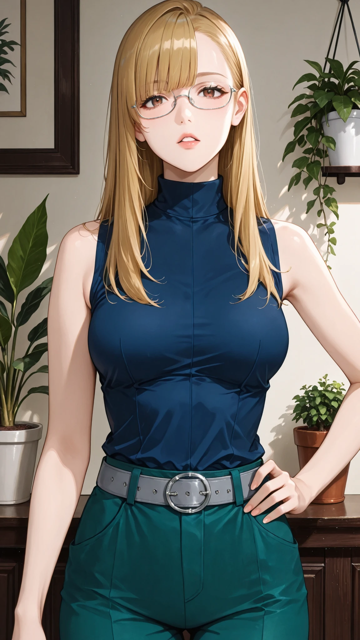 score_9, score_7_up, source_anime, 1girl, cowboy shot in elaborate denim, at night when drunk, parted lips, place your hand on your lower back, Andrews, Blonde, long hair, asymmetrical bang, brown eyes, Glasses, sleeveless shirt, medium chest, blue shirt, turtleneck, Gray Belt, green pants , Indoor, potted plants