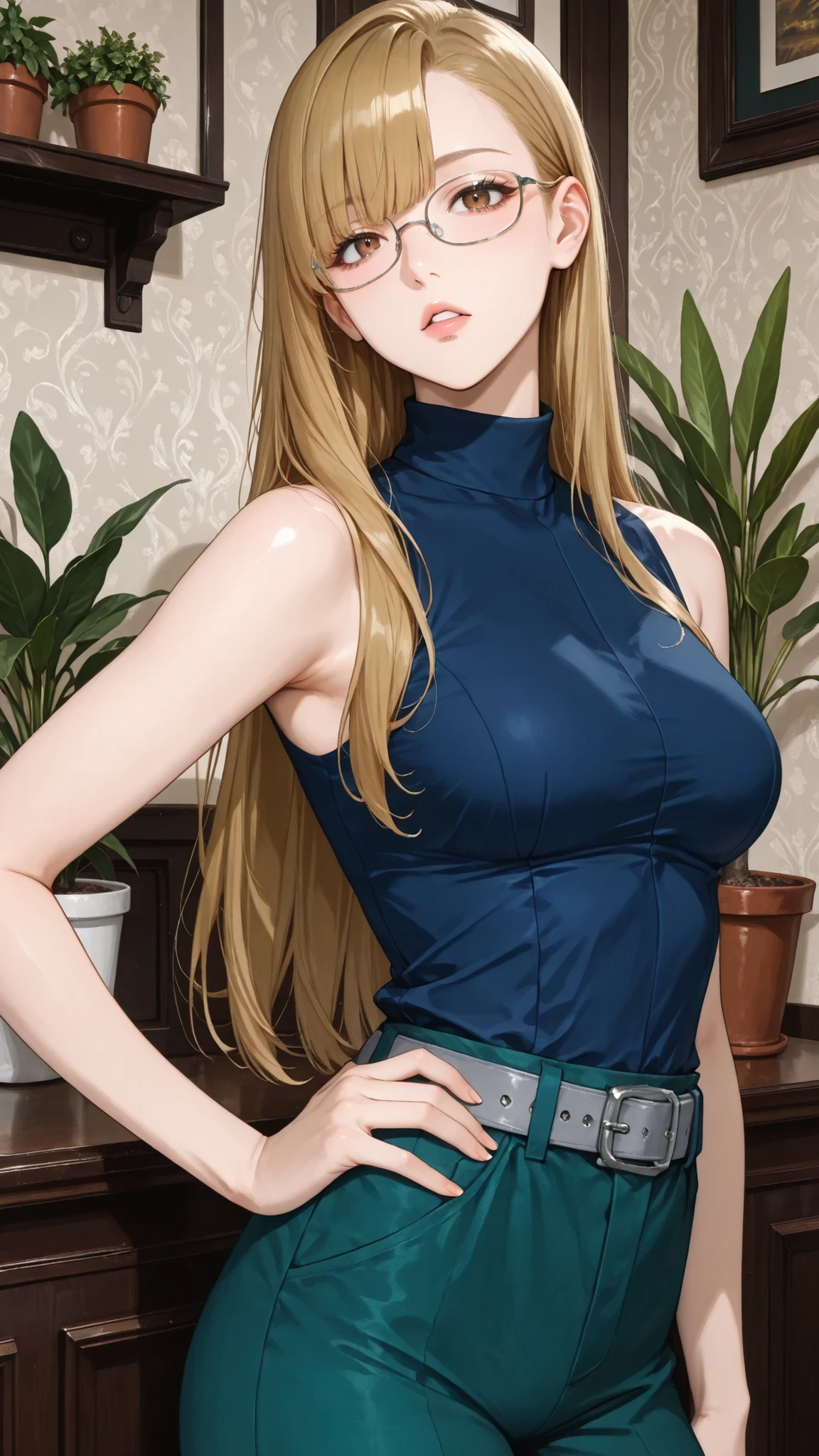 score_9, score_7_up, source_anime, 1girl, cowboy shot in elaborate denim, at night when drunk, parted lips, place your hand on your lower back, Andrews, Blonde, long hair, asymmetrical bang, brown eyes, Glasses, sleeveless shirt, medium chest, blue shirt, turtleneck, Gray Belt, green pants , Indoor, potted plants
