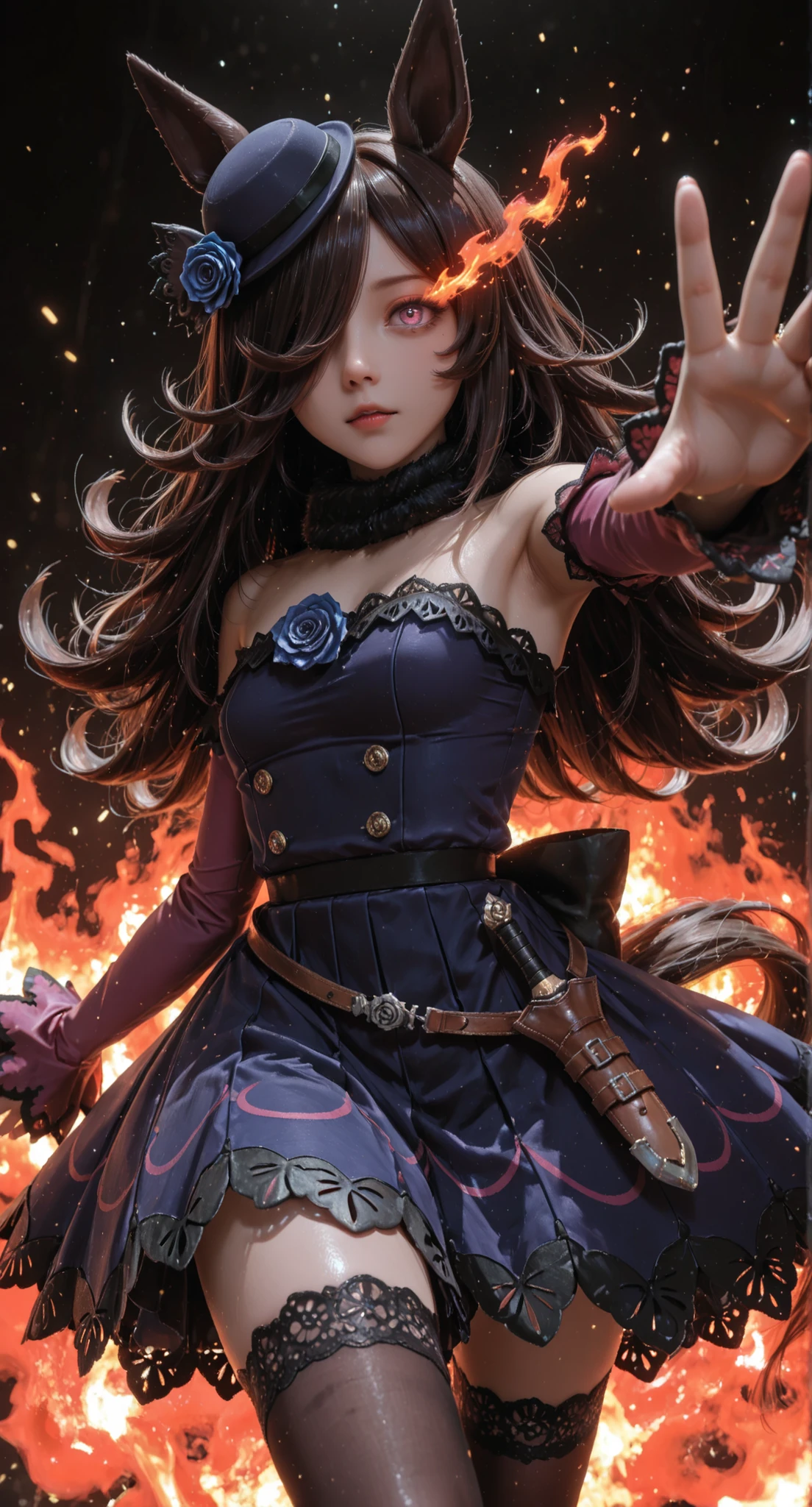 rice shower \(umamusume\), rice shower \(rosy dreams\) \(umamusume\), 1girl, animal ears, armpits, bare arms, black thighhighs, blue dress, red fire, blue flower, blue hair, blue rose, bowler hat, bright pupils, broken, broken chain, chain, dress, fire, (scarlet flaming eye:1.2), flower, foreshortening, fur collar, hair flower, hair ornament, hair over one eye, hat, horse ears, horse girl, lace-trimmed thighhighs, lace trim, long bangs, looking at viewer, pantyhose, parted bangs, purple eyes, purple sleeves, reaching, reaching towards viewer, rose, scarf, sleeves past wrists, solo, sparkle, thighhighs, tilted headwear, white pupils, yu-muge, umamusume