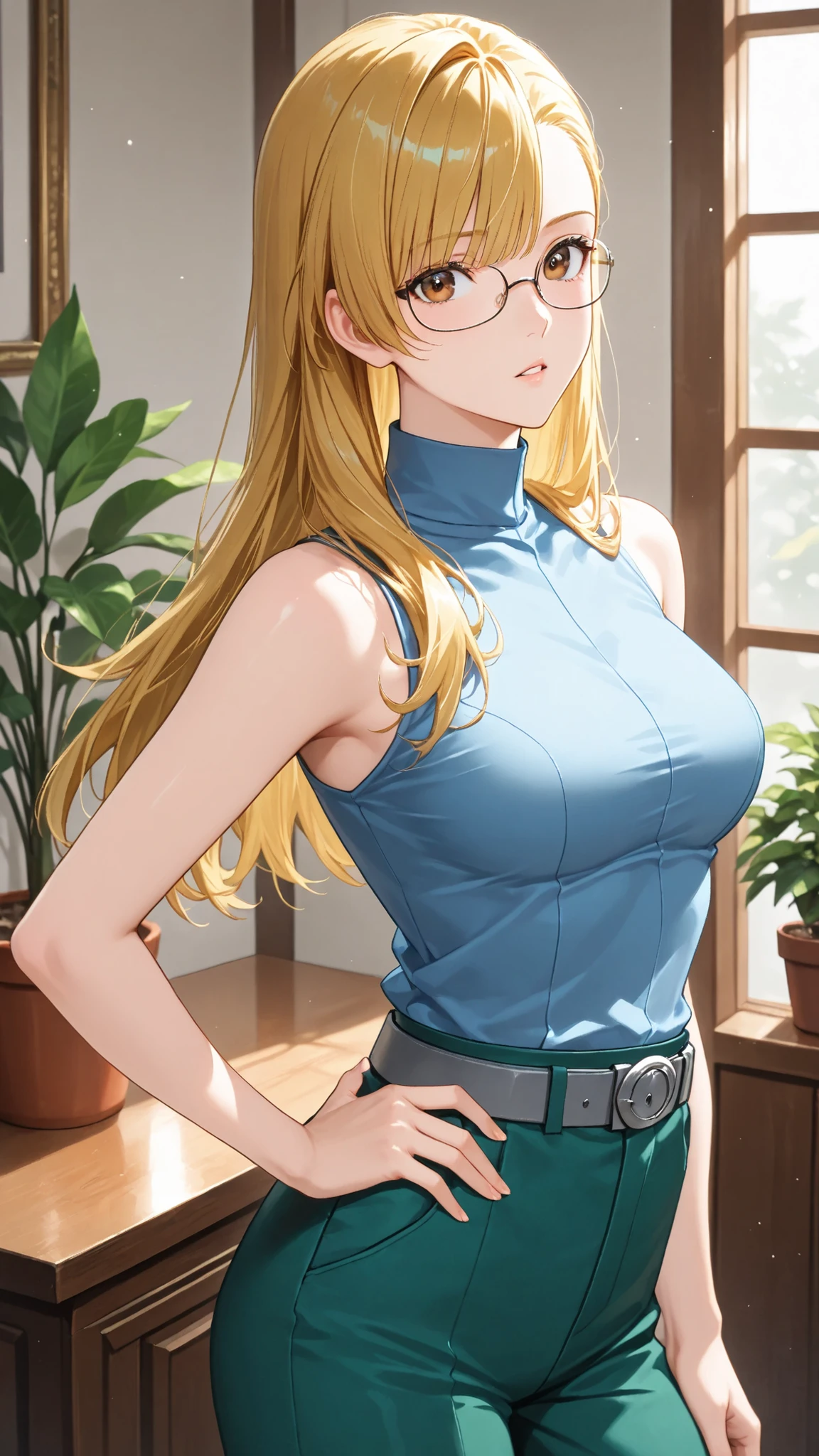 score_9, score_7_up, source_anime, 1girl, cowboy shot in elaborate denim, at night when drunk, parted lips, place your hand on your lower back, Andrews, Blonde, long hair, asymmetrical bang, brown eyes, Glasses, sleeveless shirt, medium chest, blue shirt, turtleneck, Gray Belt, green pants , Indoor, potted plants