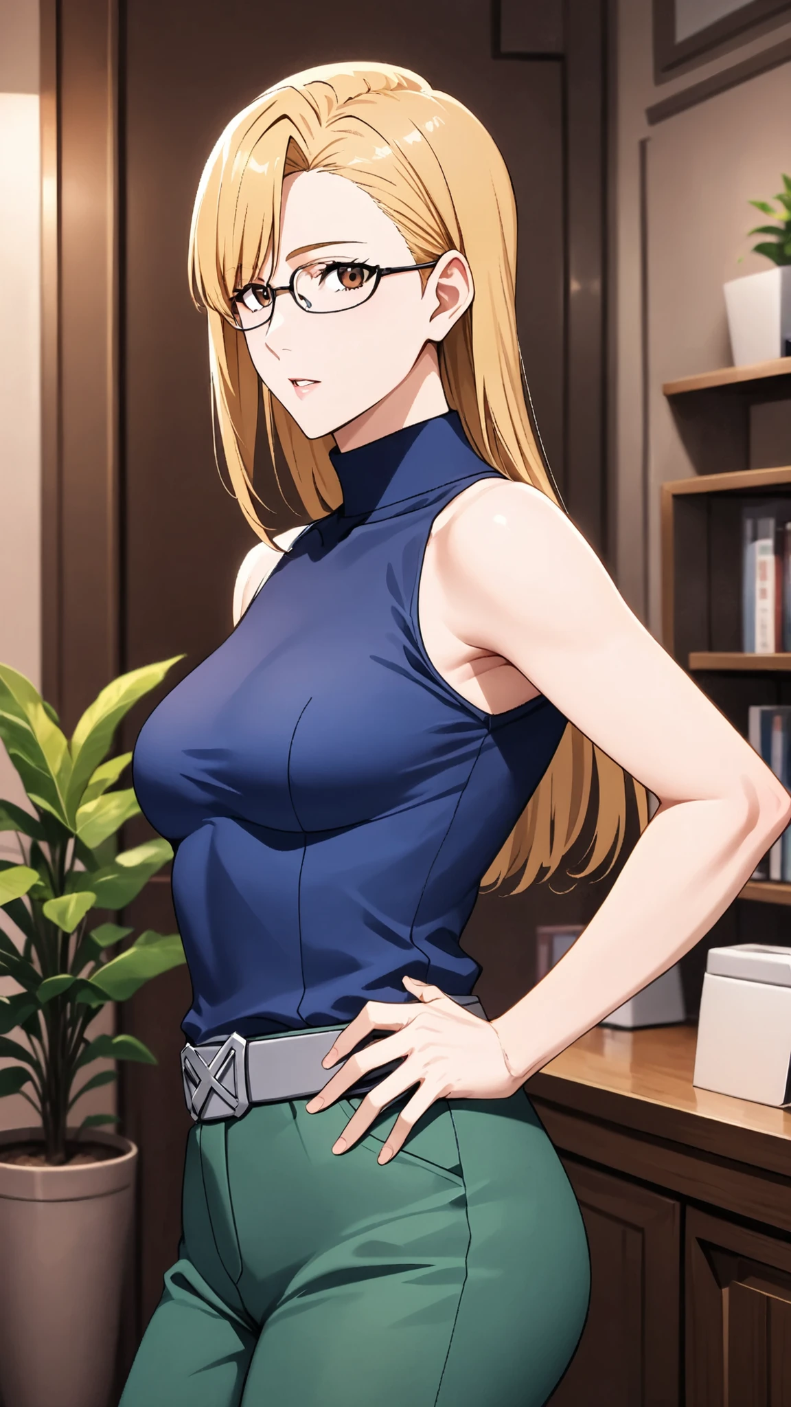 score_9, score_7_up, source_anime, 1girl, cowboy shot in elaborate denim, at night when drunk, parted lips, place your hand on your lower back,  Andrews, Blonde, long hair, asymmetrical bang, brown eyes, Glasses, sleeveless shirt, medium chest, blue shirt, turtleneck, Gray Belt,  green pants , Indoor, potted plants