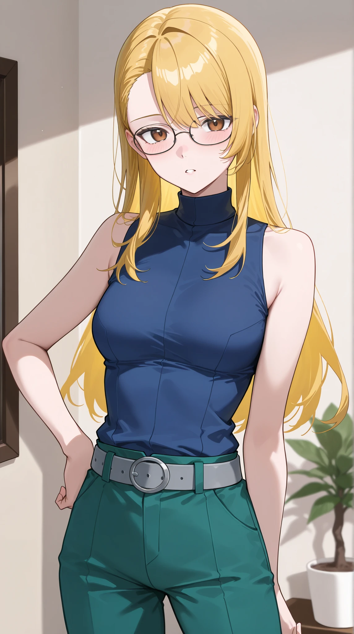 score_9, score_7_up, source_anime, 1girl, cowboy shot in elaborate denim, at night when drunk, parted lips, place your hand on your lower back, Andrews, Blonde, long hair, asymmetrical bang, brown eyes, Glasses, sleeveless shirt, medium chest, blue shirt, turtleneck, Gray Belt, green pants , Indoor, potted plants