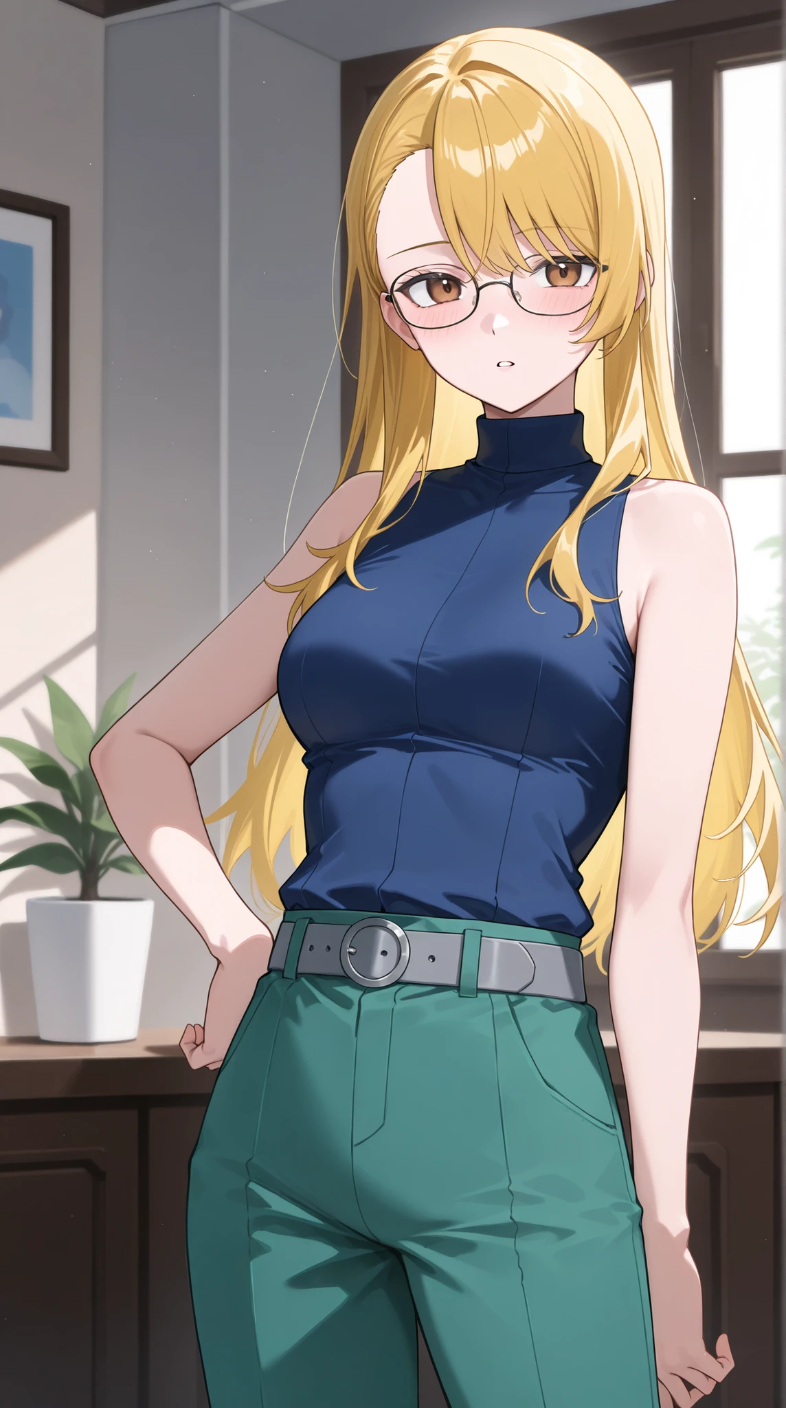 score_9, score_7_up, source_anime, 1girl, cowboy shot in elaborate denim, at night when drunk, parted lips, place your hand on your lower back, Andrews, Blonde, long hair, asymmetrical bang, brown eyes, Glasses, sleeveless shirt, medium chest, blue shirt, turtleneck, Gray Belt, green pants , Indoor, potted plants