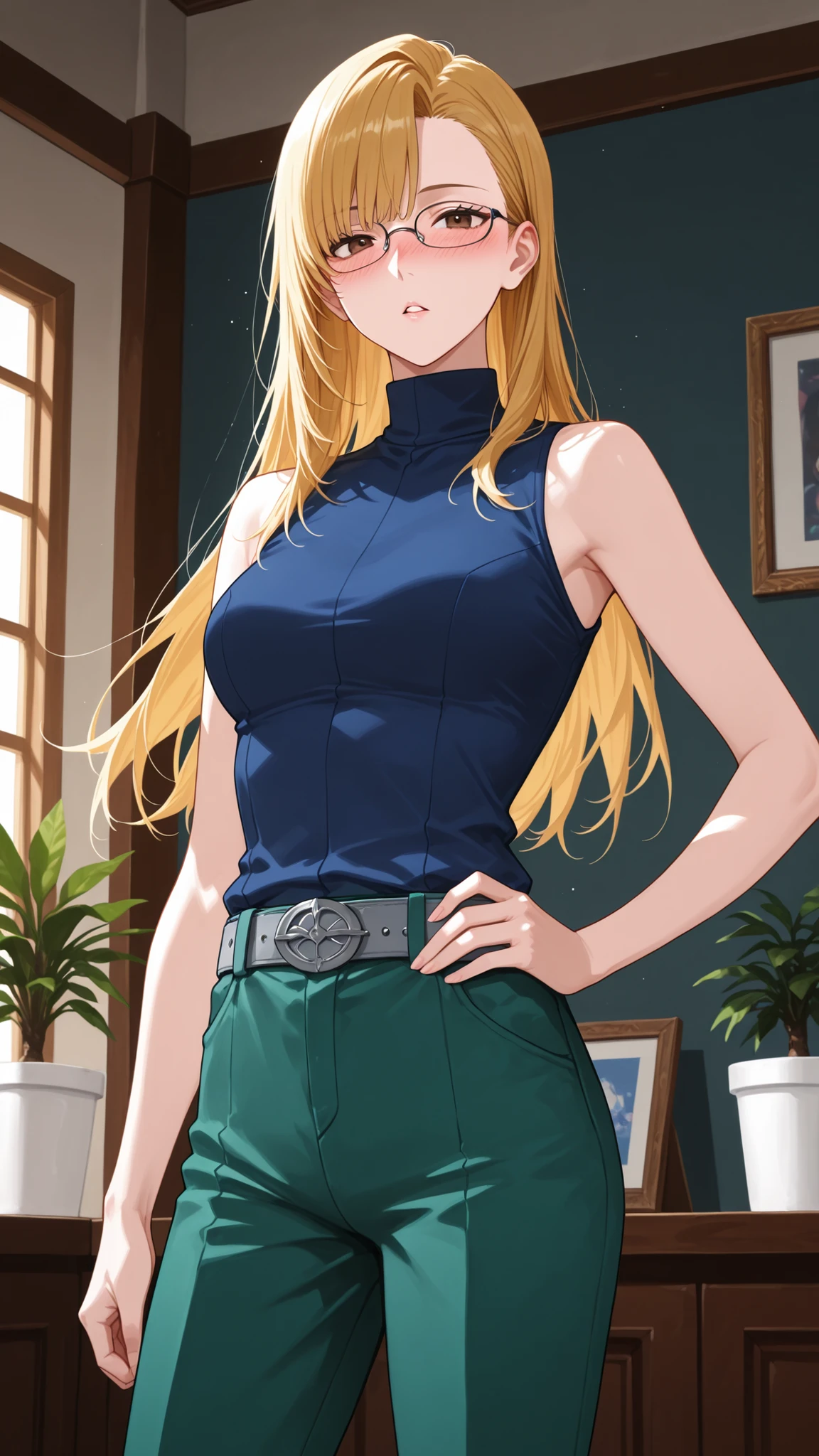 score_9, score_7_up, source_anime, 1girl, cowboy shot in elaborate denim, at night when drunk, parted lips, place your hand on your lower back, Andrews, Blonde, long hair, asymmetrical bang, brown eyes, Glasses, sleeveless shirt, medium chest, blue shirt, turtleneck, Gray Belt, green pants , Indoor, potted plants