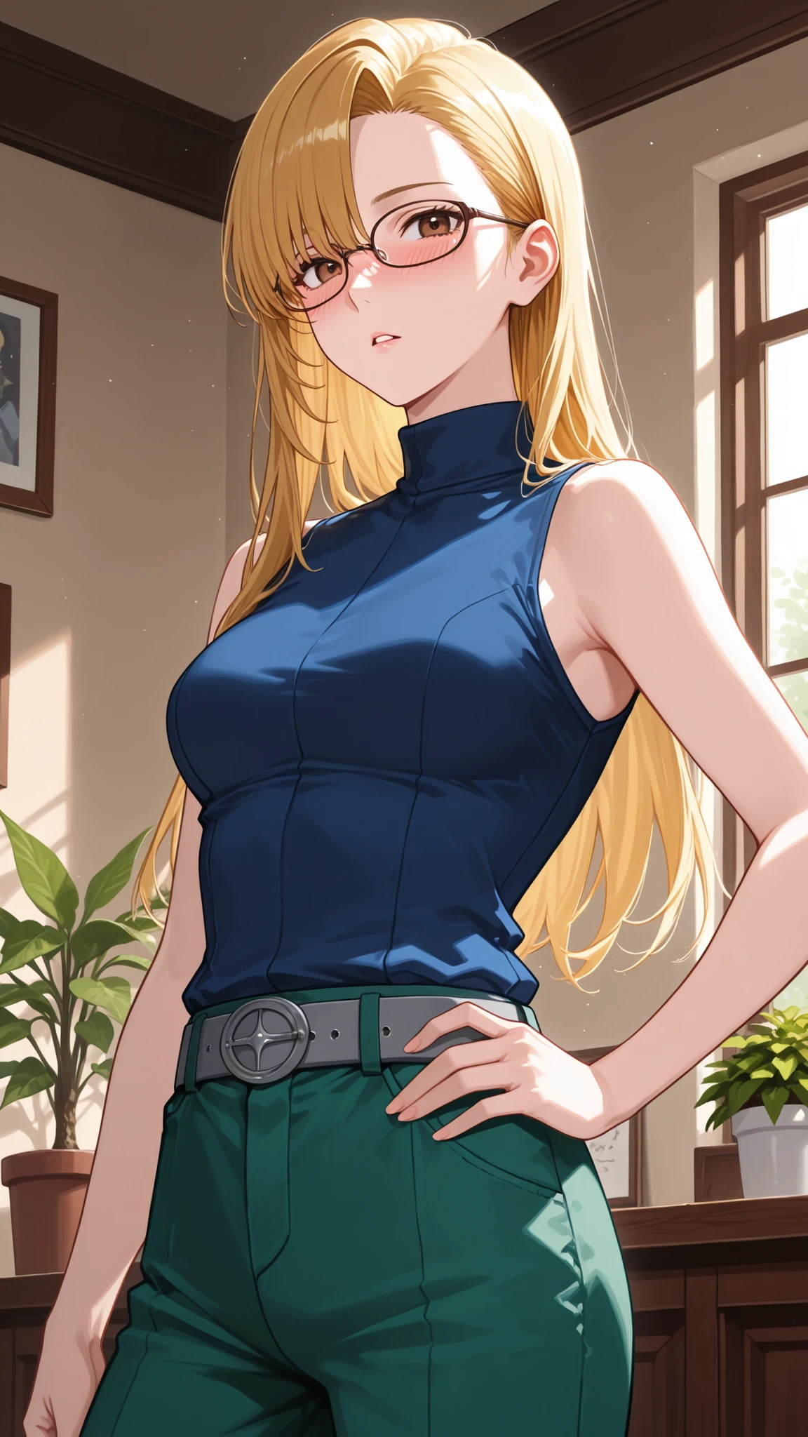score_9, score_7_up, source_anime, 1girl, cowboy shot in elaborate denim, at night when drunk, parted lips, place your hand on your lower back, Andrews, Blonde, long hair, asymmetrical bang, brown eyes, Glasses, sleeveless shirt, medium chest, blue shirt, turtleneck, Gray Belt, green pants , Indoor, potted plants