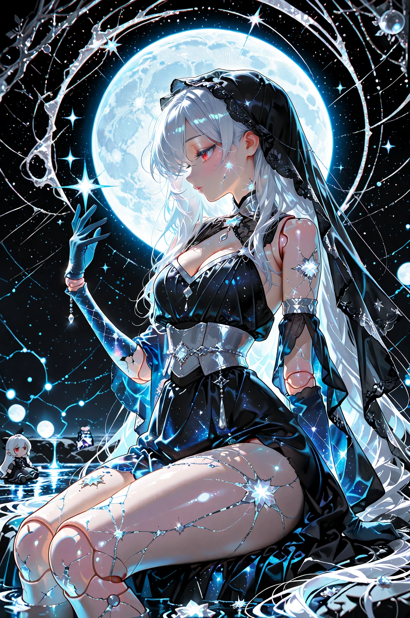 1 girl, very long white hair, red eyes, elegant and mysterious expression, wearing a starry night-themed dress, translucent veil with star patterns, ((black veil)), silver ornaments shaped like constellations, thighhigh, ethereal and noble aura, night sky, star, starfall, seductive expression, demon goddess aesthetic, soft radiant glow aura, full moon, galaxy, sexy, cracked porcelain skin, cursed doll, navy blue gloves, background is black glittercore with sparkling stars, glowing constellations, and subtle shimmering lights placed strategically, fantasy character art, highly detailed, digital painting, ultra high resolution,  faint reflections on water, a dreamy, mystical, gothic aesthetic with cinematic lighting, ultra-detailed, (((silver jewelry))), medium breasts, bare legs, bangs, ((black backgroud)) with shining stars, constellations, thick thighs, wide hips, ((cleavage)), ((black theme)), ((dark)), very long hair, ((sitting)), ((visible joints, doll joints,emotional doll)), ((cracked porcelain skin)), ((translucent fabrics)), ((from side)), ((profile face)),

,Luxurious clothes, beautiful jewelry, sophisticated look, soft light, shine, ,glitter aesthetic, ,soft color, pale colors, light colors, soft focus, soft glow, shiny skin, glossy lips, aegyo sal, sparkle, watercolor, long lashes, sketch lines, accessories,