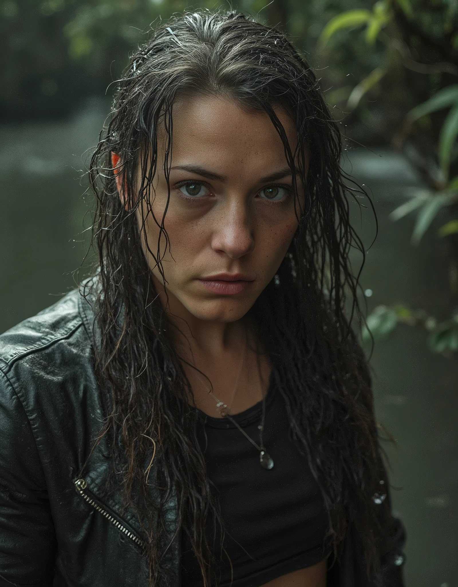 Dirty vulgar mom 40 years old, vulgar , duckweed, , drowning in a viscous swamp . eye bags, selfie, t-shirt and leather jacket, in sexual tension