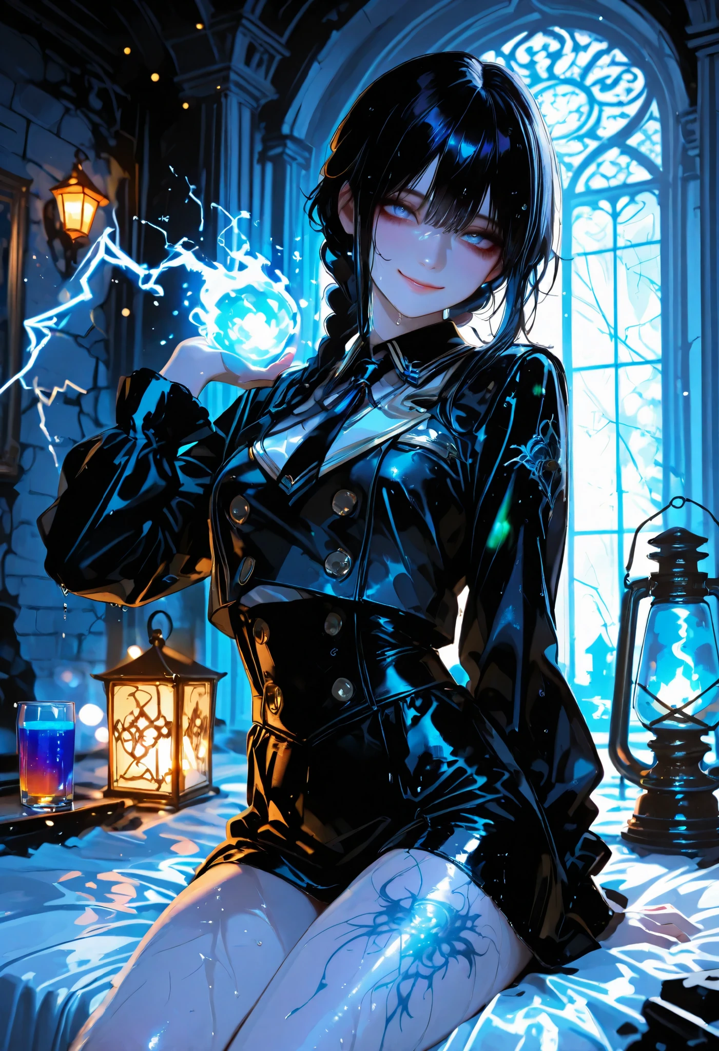 Haunted Castle、1 Midnight、The girl who lost her way、long black hair,Fireball in hand、Lantern Lights、I'm not scared at all!、Lightning echoes、girl wet in the rain、big mansion like a castle、 Ghosts、dimly lit room、State of Ruins、Only ghost eyes light up,shortcuts,unkempt hair,Short braided hair,Neat,slender beauty,correct posture,small breasted,Beautiful legs,Enchanting Gray-Blue Eyes Shine Like Stars,Saggy Eyes,Brilliant Colors,beautiful eyes,A delicate smile,Textured Skin,Best quality at its best,gentle and beautiful woman,anime style、Seimitsu、4K resolution、High Quality、Super Detailed、Realistic、Realistic、HDR、UHD、STUDIO LIGHT、Transcendental Depiction、Clear Focus、PBR Rendering、Professional、Brilliant Colors彩、bokeh effect
