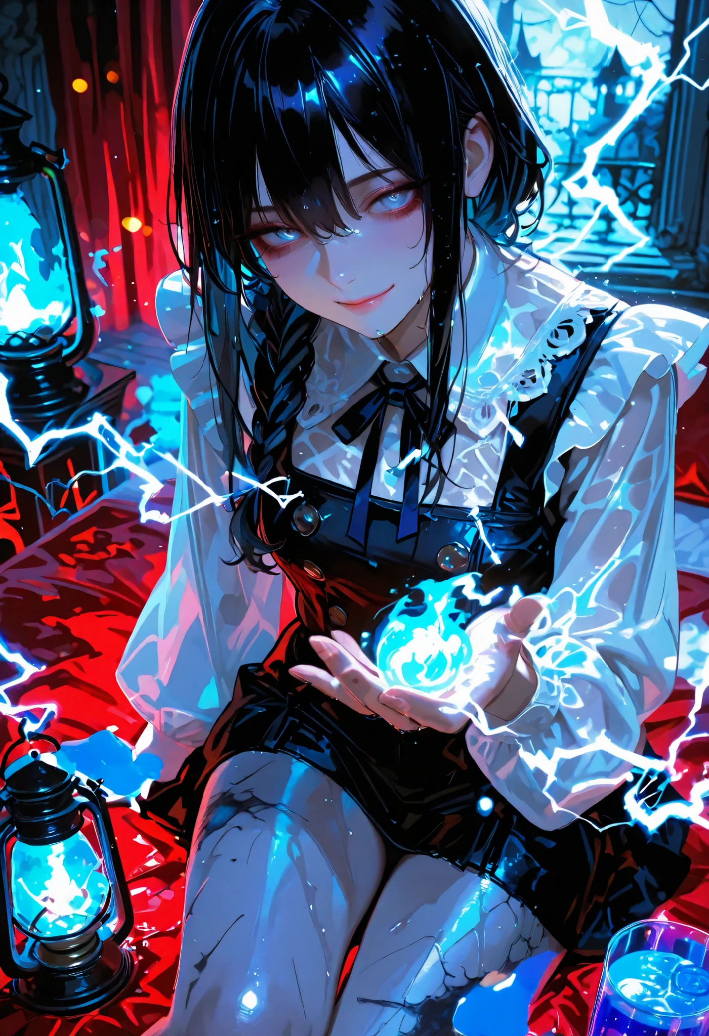 Haunted Castle、1 Midnight、The girl who lost her way、long black hair,Fireball in hand、Lantern Lights、I'm not scared at all!、Lightning echoes、girl wet in the rain、big mansion like a castle、 Ghosts、dimly lit room、State of Ruins、Only ghost eyes light up,shortcuts,unkempt hair,Short braided hair,Neat,slender beauty,correct posture,small breasted,Beautiful legs,Enchanting Gray-Blue Eyes Shine Like Stars,Saggy Eyes,Brilliant Colors,beautiful eyes,A delicate smile,Textured Skin,Best quality at its best,gentle and beautiful woman,anime style、Seimitsu、4K resolution、High Quality、Super Detailed、Realistic、Realistic、HDR、UHD、STUDIO LIGHT、Transcendental Depiction、Clear Focus、PBR Rendering、Professional、Brilliant Colors彩、bokeh effect