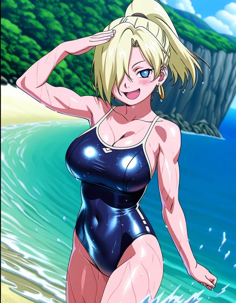 傑作、Best quality、Best resolution、Best image quality、amazing quality、 very aesthetic、 absurdres、anime coloring、anime screencap、anime screenshot、1girl、<lora:InoYamanakaGeninNoobXL_byKonan:1>、ino yamanaka、solo、13 years old、younger、blonde hair、blue eyes、high ponytail hair、 hair over eye、small hoop earrings、big breasts、cleavage、large breasts、large boobs、<lora:competition-school-swimsuit-ponyxl-lora-nochekaiser:1>、competition school swimsuit、school swimsuit、trace swimsuit、navy blue one-piece swimsuit、one-piece swimsuit、swimsuit、wet swimsuit、single vertical stripe、high leg cut、deltoids、biceps、triceps、brachioradialis、bare shoulders、bare arms、bare crotch、bare thighs、bare legs、collarbone、trapezius、covered navel、covered abdominal muscles、Ocean、Beach、sea、splashing、seductive smile、smug、open mouth、standing、blush、looking at viewer、cowboy shot、female focus、dutch angle、